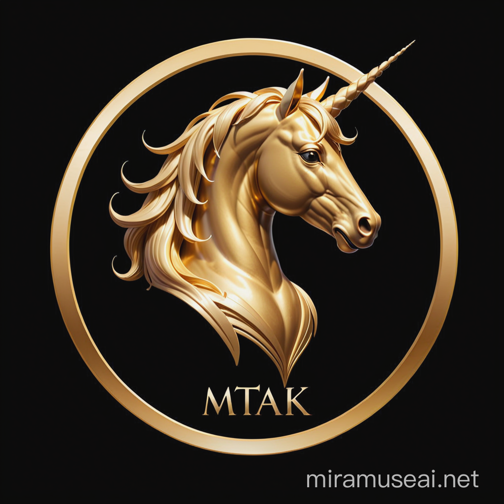 The design of a golden unicorn  with a black background with the word "MTAK" written in the middle of the logo in gold color with Latin font.