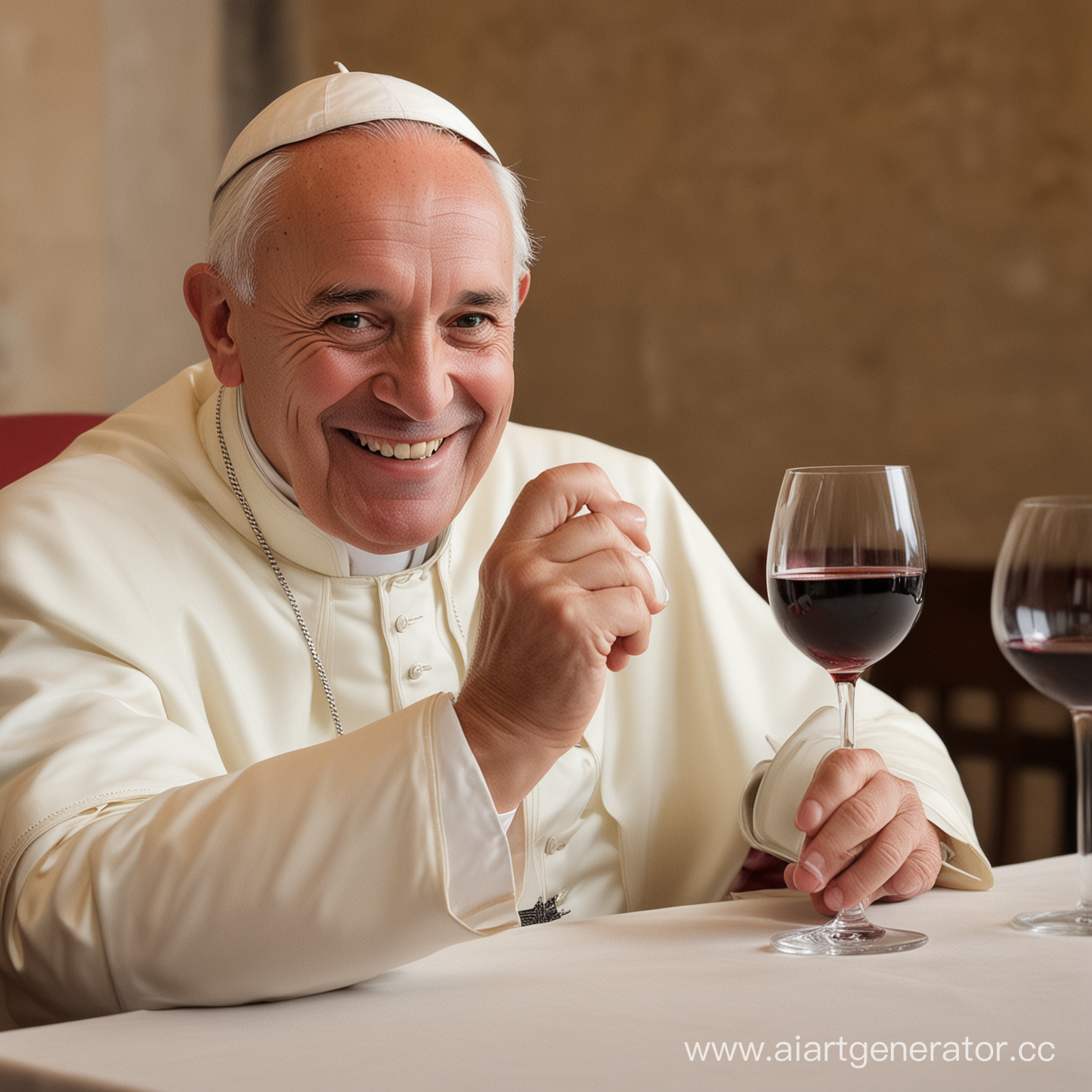 папа римский улыбающийся за столом в ресторане с бокалом красного вина