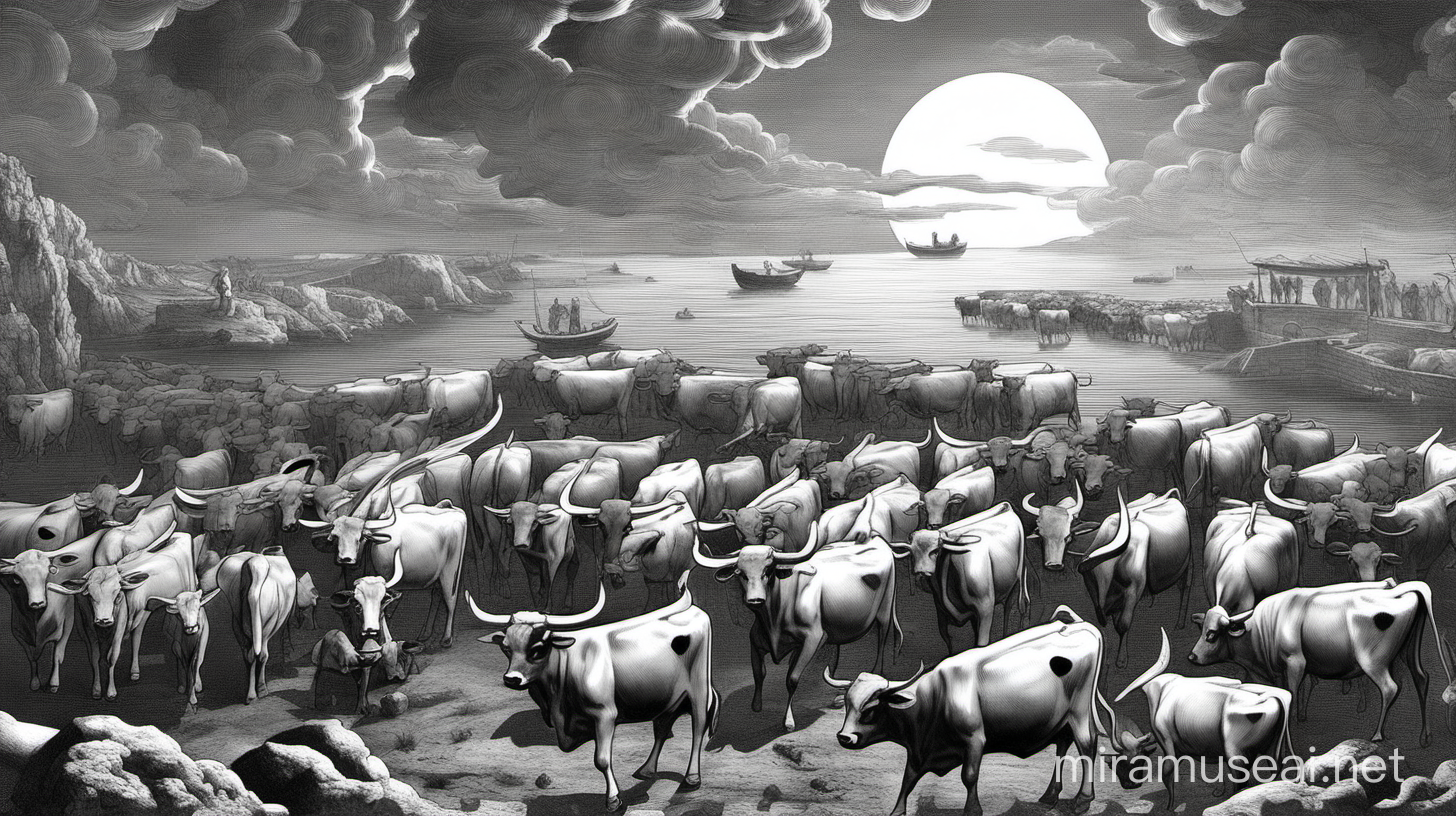 Odysseus and the cattle of the sun god, as in the Odyssey. black and white.