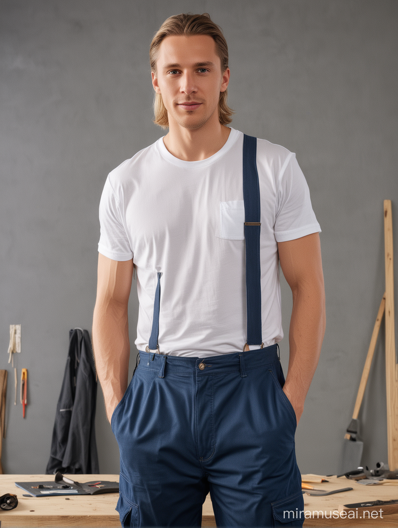 A 4K, real professionally done Hyperdetailed  photo of Europeans white caucasian people, background Professional lighting, candid celebrity shots, uhd image, body extensions, natural beauty --ar 69:128 --s 750 --v 5. 2, man who work as a carpenter with blue workwearpants and a white t-shirt and has a daughter with same clothes whit him at work