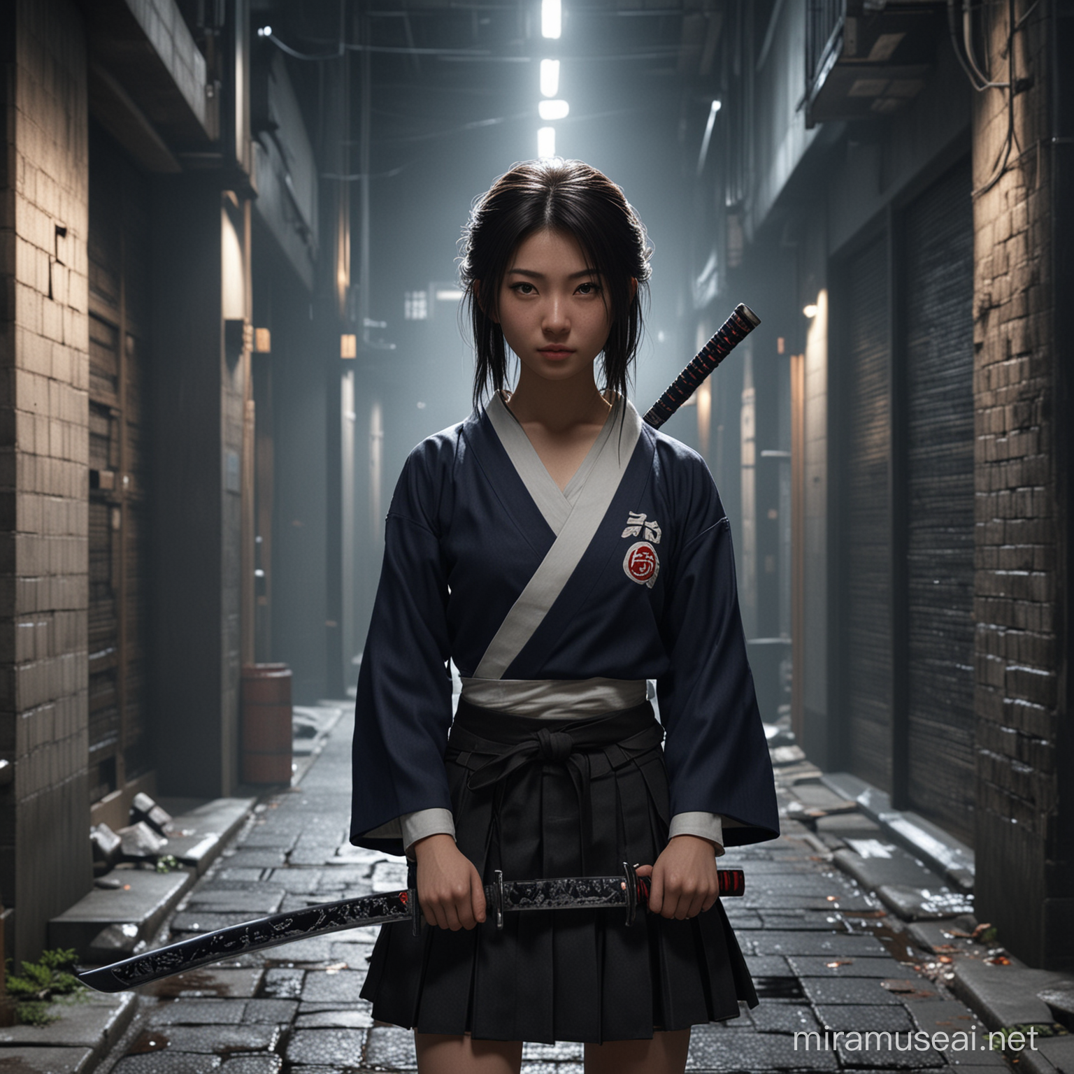 Pretty Japanese female in school uniform with katana in a dark alley, cinematic, 3d render, unreal engine, 32k, --ar 9:16 --niji 5 --style expressive --s 180