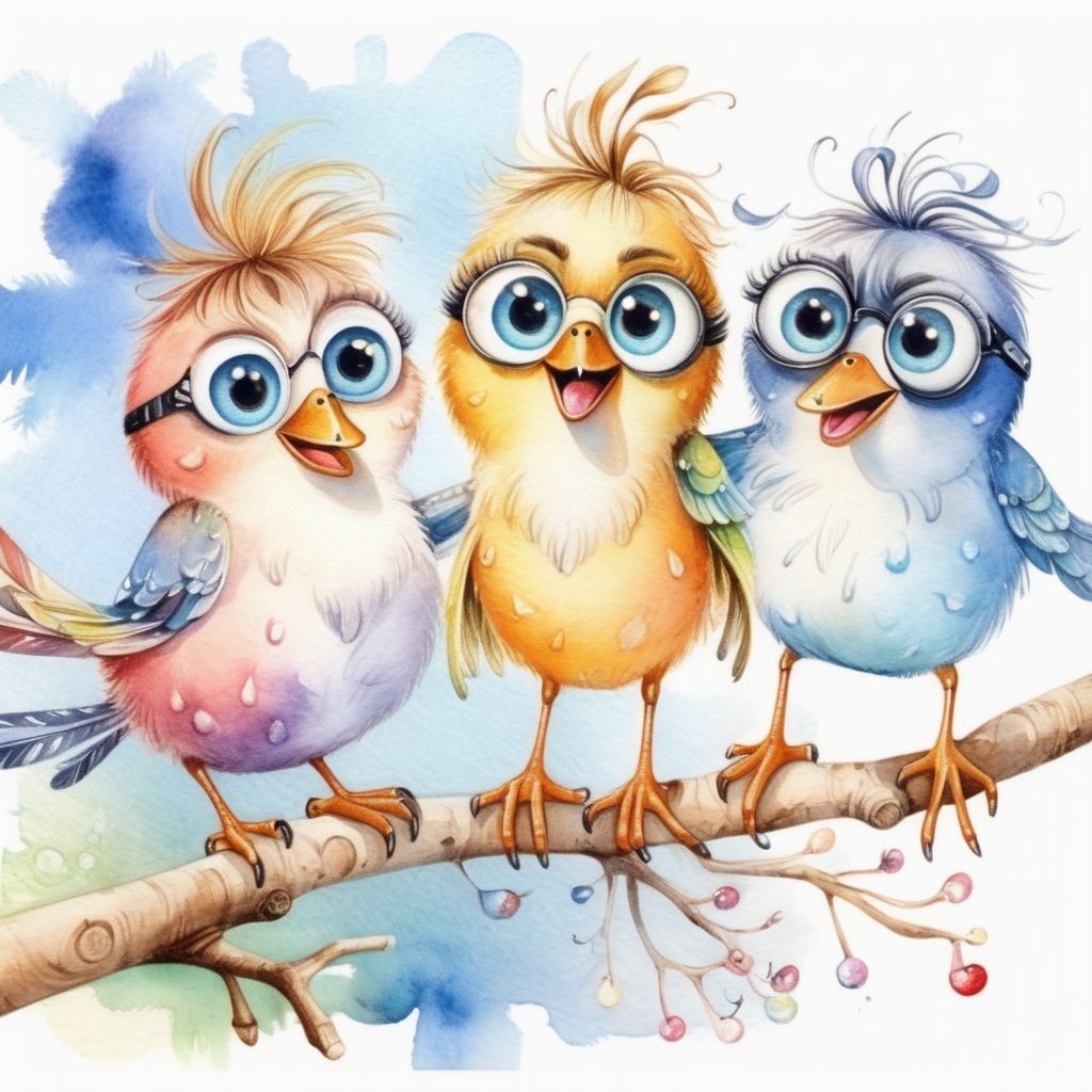 Whimsical Watercolor Illustration Playful Birds Dancing on a Branch