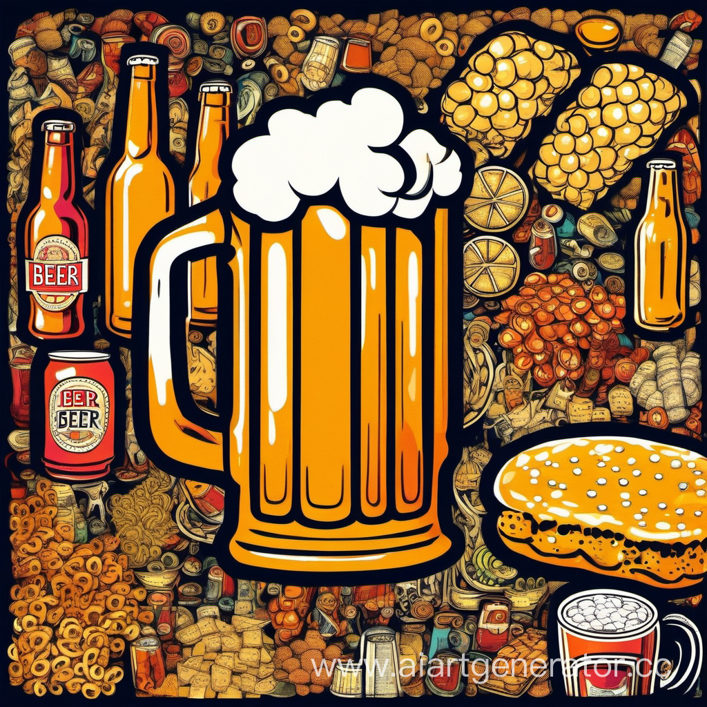 an illustration about beer. A bright drawing, a lot of details in the style of pop art. Fox, snacks, people and various little things. 2D illustration