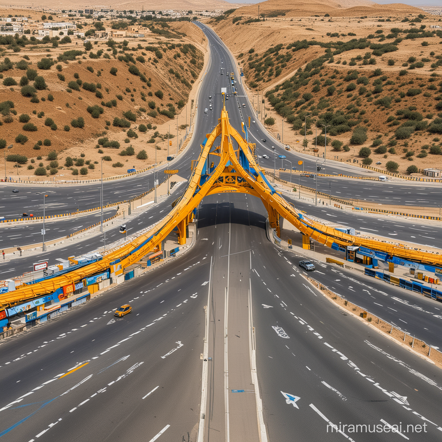 Design of toll gates for Qalyubia Governorate, shaped like a gear, yellow, blue and orange in colour
