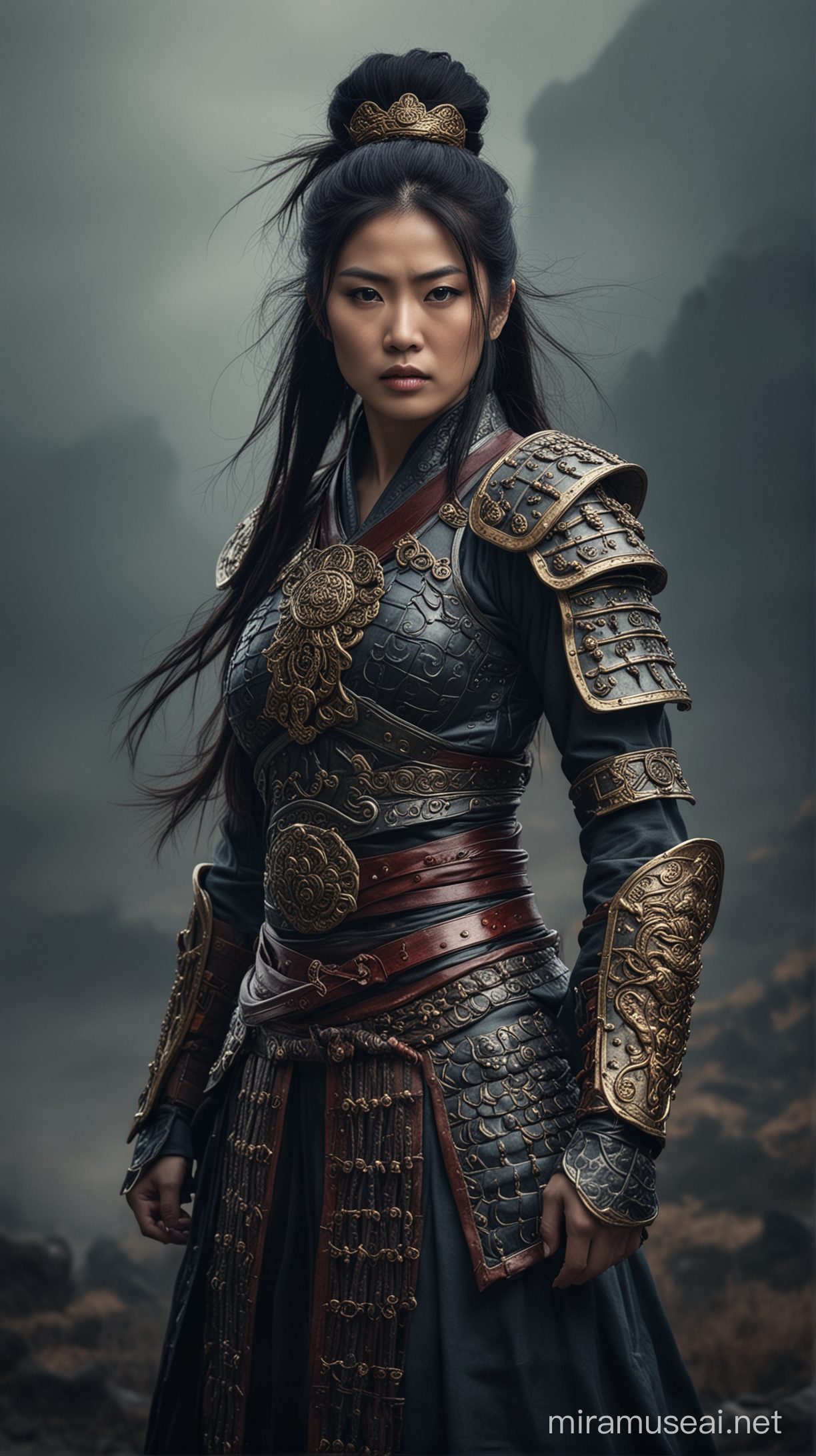 A (((beautiful woman))) from the China Jinn Dynasty dressed in a (((warrior attire))), standing ominously against a (moody backdrop that incorporates elements of nature)