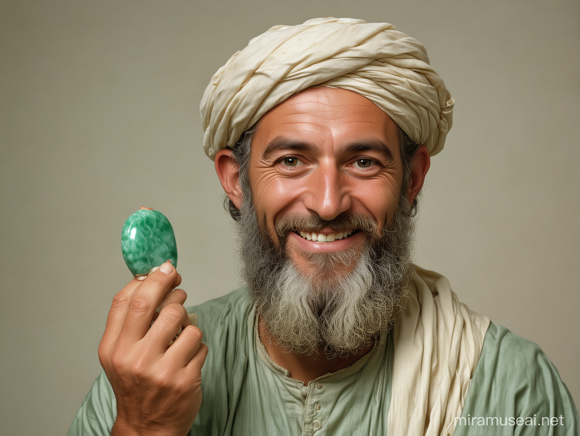 Мужчина еврейской внешности с улыбкой на лице держит в правой руке камень жадеит, седьмой век до нашей эры, 