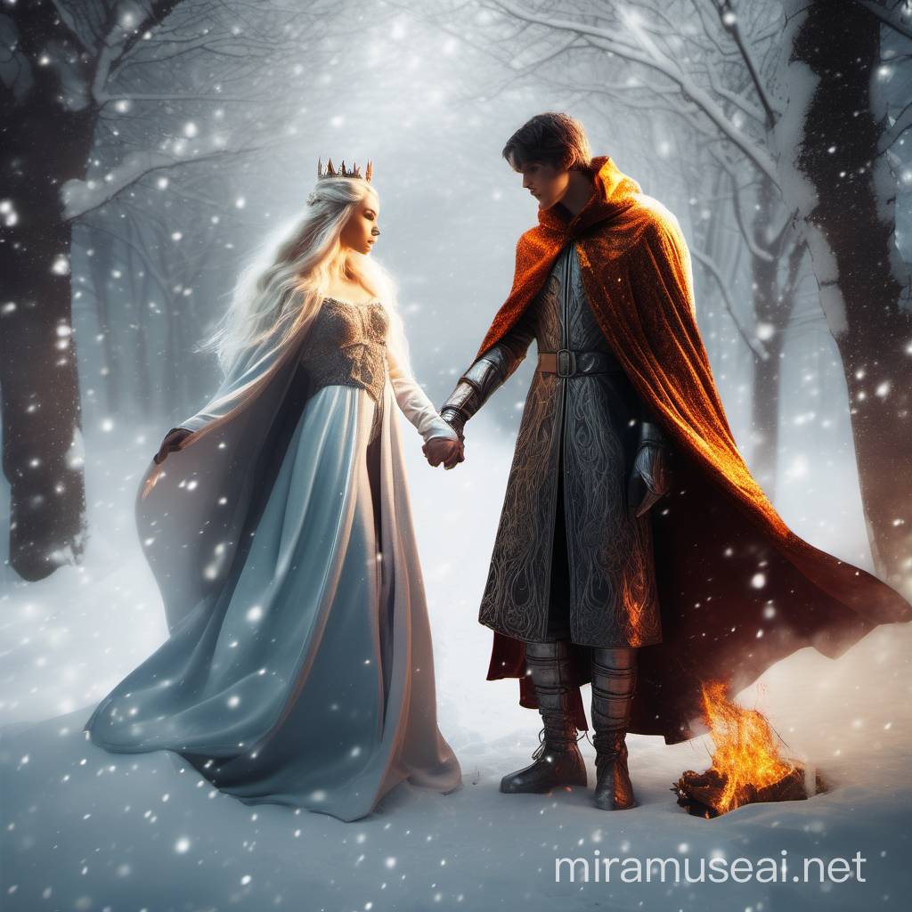 A fire prince holding hands with snow princess, they are opposite twins, wearing a cloak, fantasy