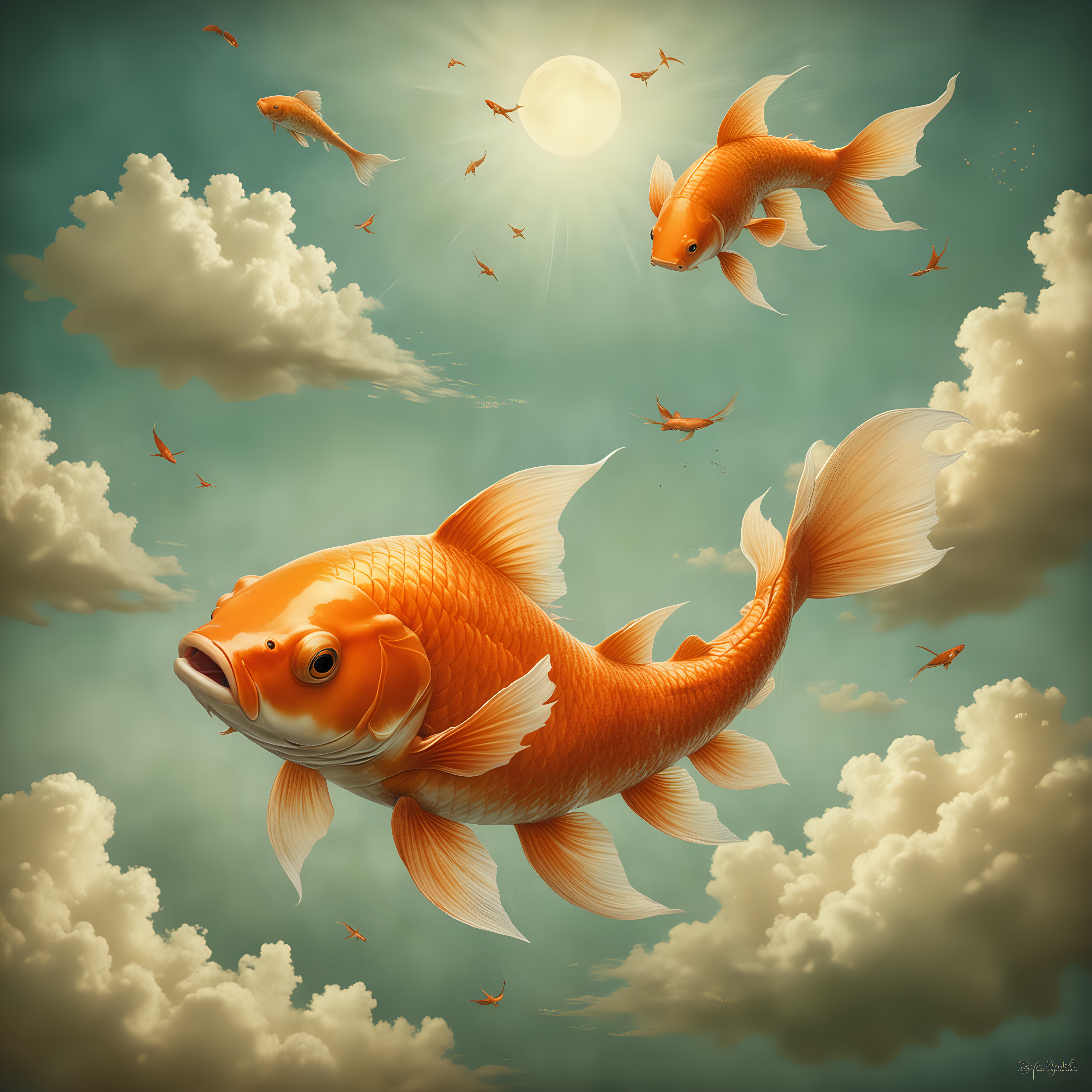 In the style of Christian Schloe, an orange koi fish floating in the sky 