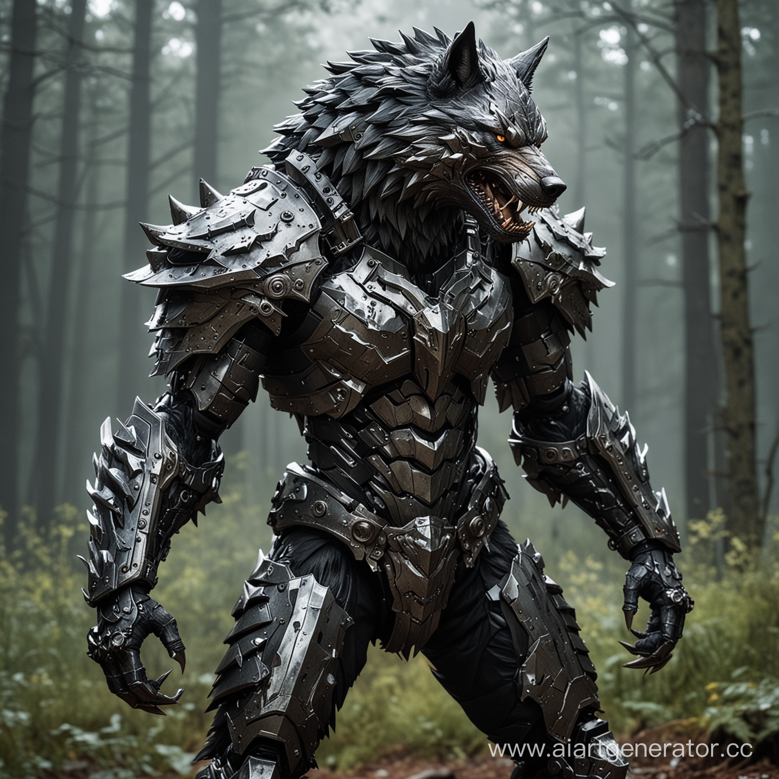 Havoc Hound: Feral fighter, with a suit resembling jagged metal armor, adorned with snarling wolf motifs and capable of transforming into a wolf-like form.make it cinematic 