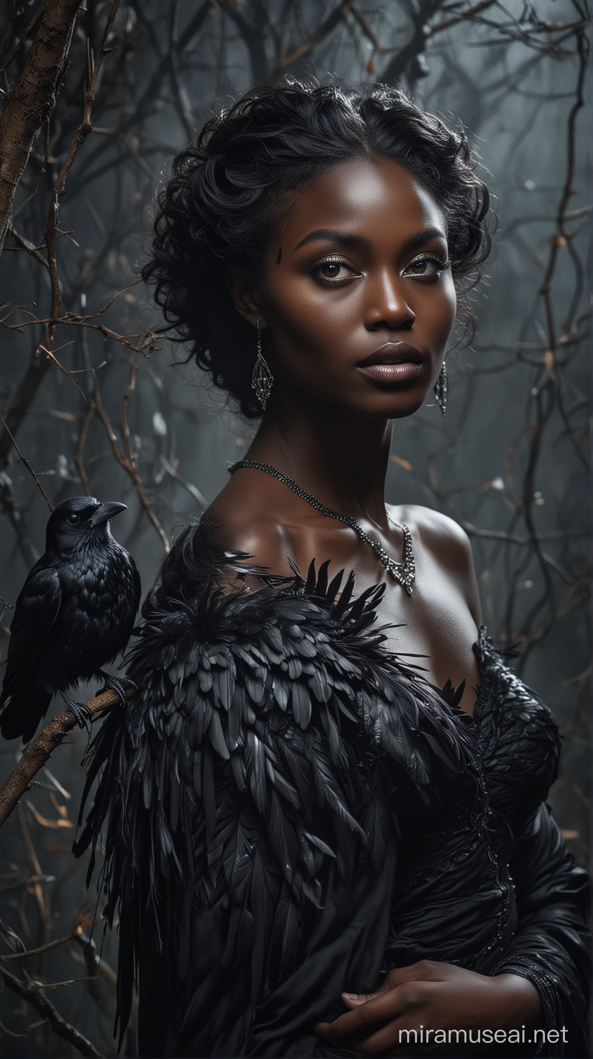 Mystical Portrait of a Radiant Black Woman with a Piercing Gaze and Majestic Raven