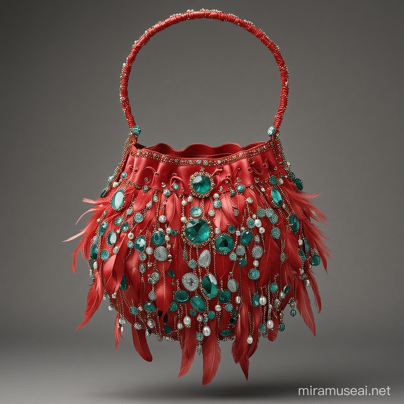 Luxurious Circular Couture Handbag with Green Water Diamonds and Phoenix Feathers