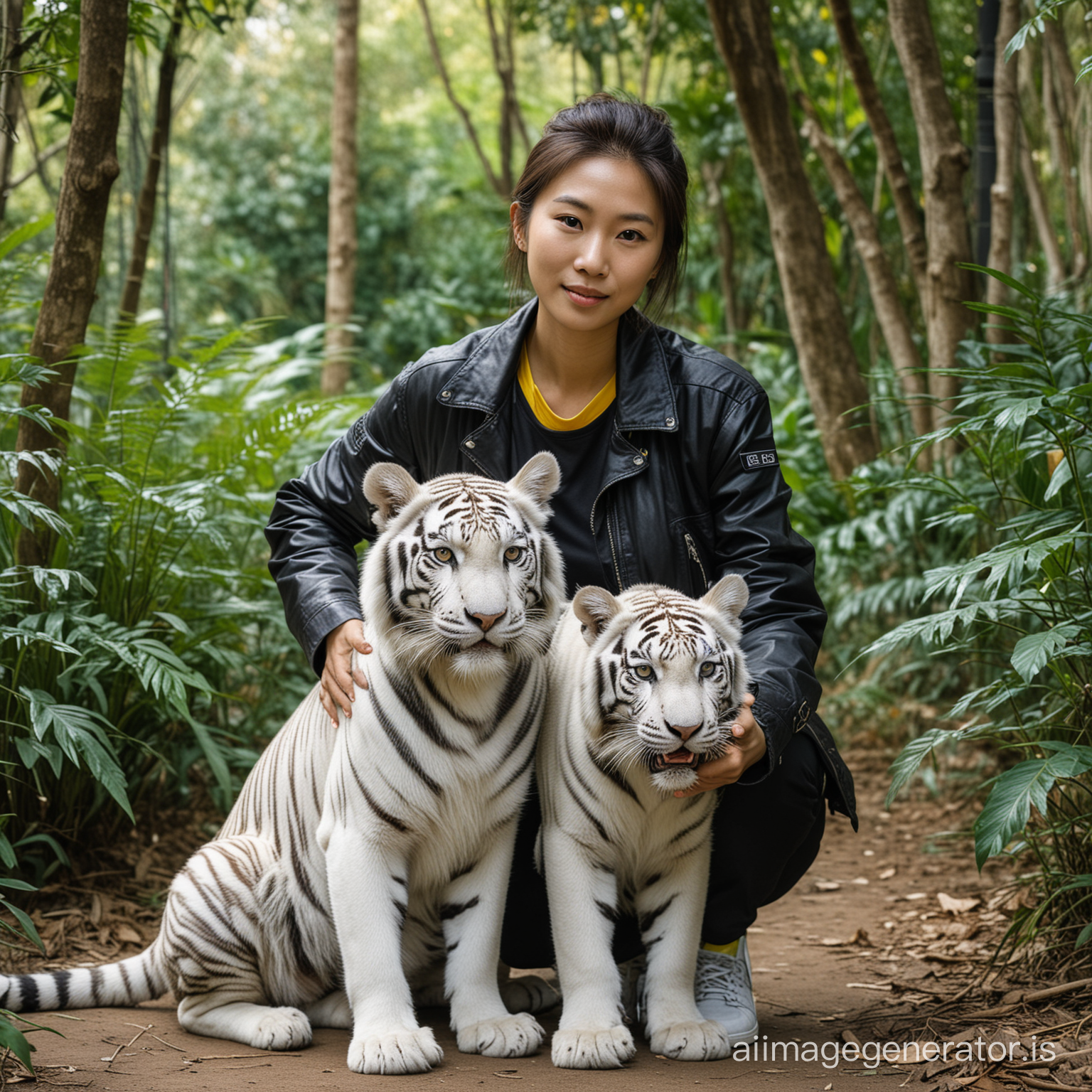 portrait of asian woman. The individual was wearing a black jacket with yellow sleeves, as well as black trousers and gray sneakers. He squatted down and hugged a little white tiger cub in a forest or park. The white tiger looked calm and peaceful, with clean fur and wide-open eyes. The background consists of large trees and green plants.