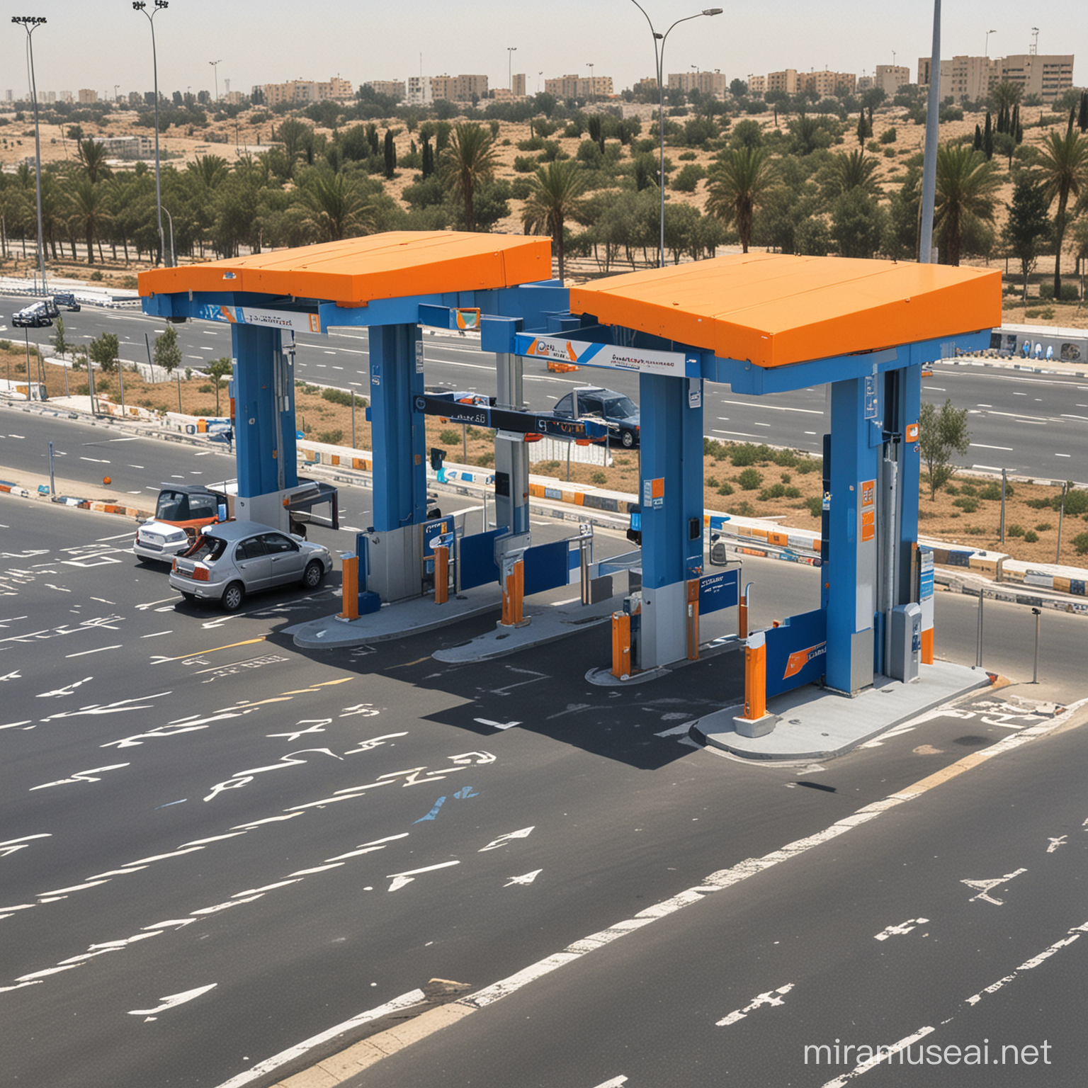 Qalyubia Governorate Car Toll Gates Blue and Orange Design with Fee Payment Booths