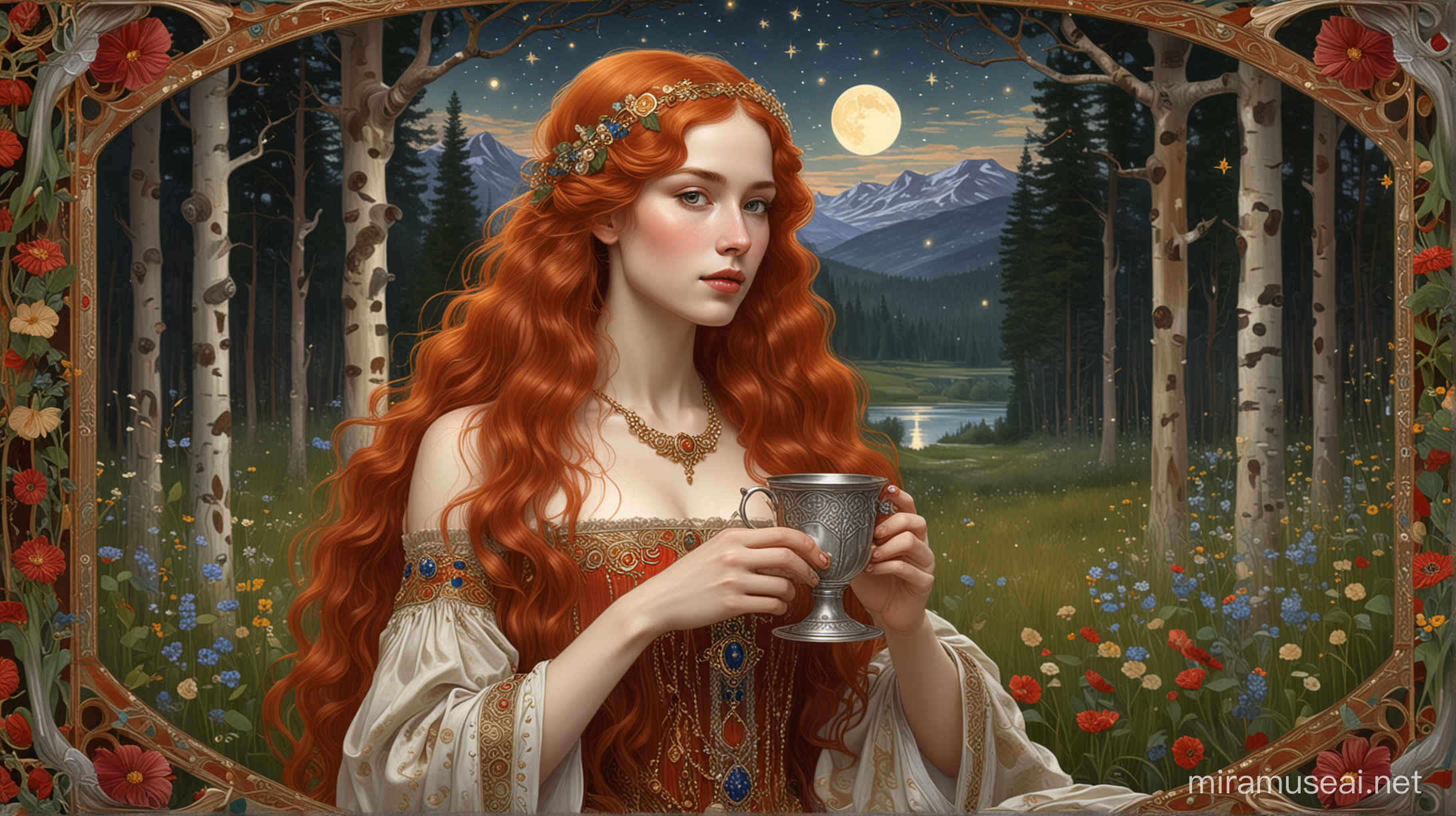 Medieval Princess with Long Red Hair Enjoying Coffee in Birch Grove Night Scene