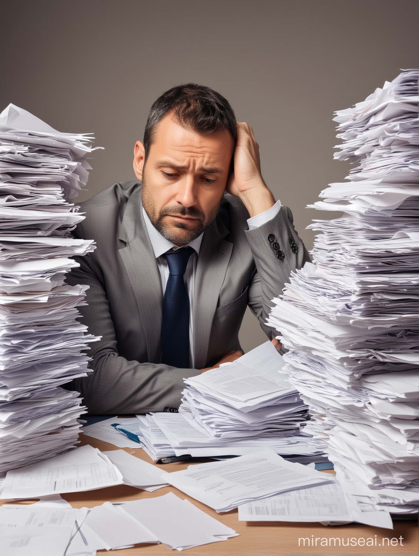 Business man, 45 years old, sitting by his desk at work with piles of papers in front of him. He is kind of sad and feeling overwhelmed