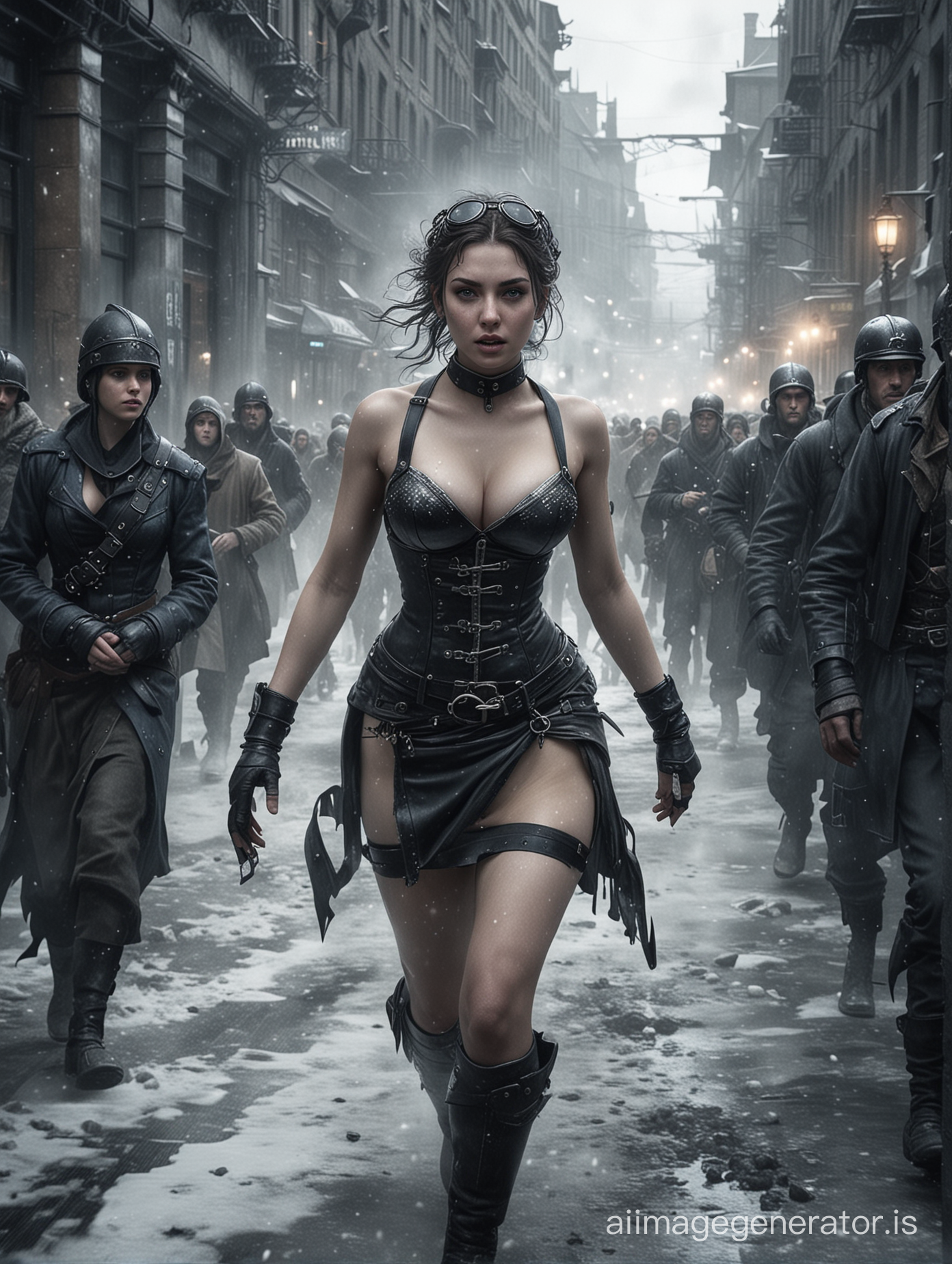 frostpunk setting, scantilly clad young woman rushing through the city, lots of people. realistic photograph
