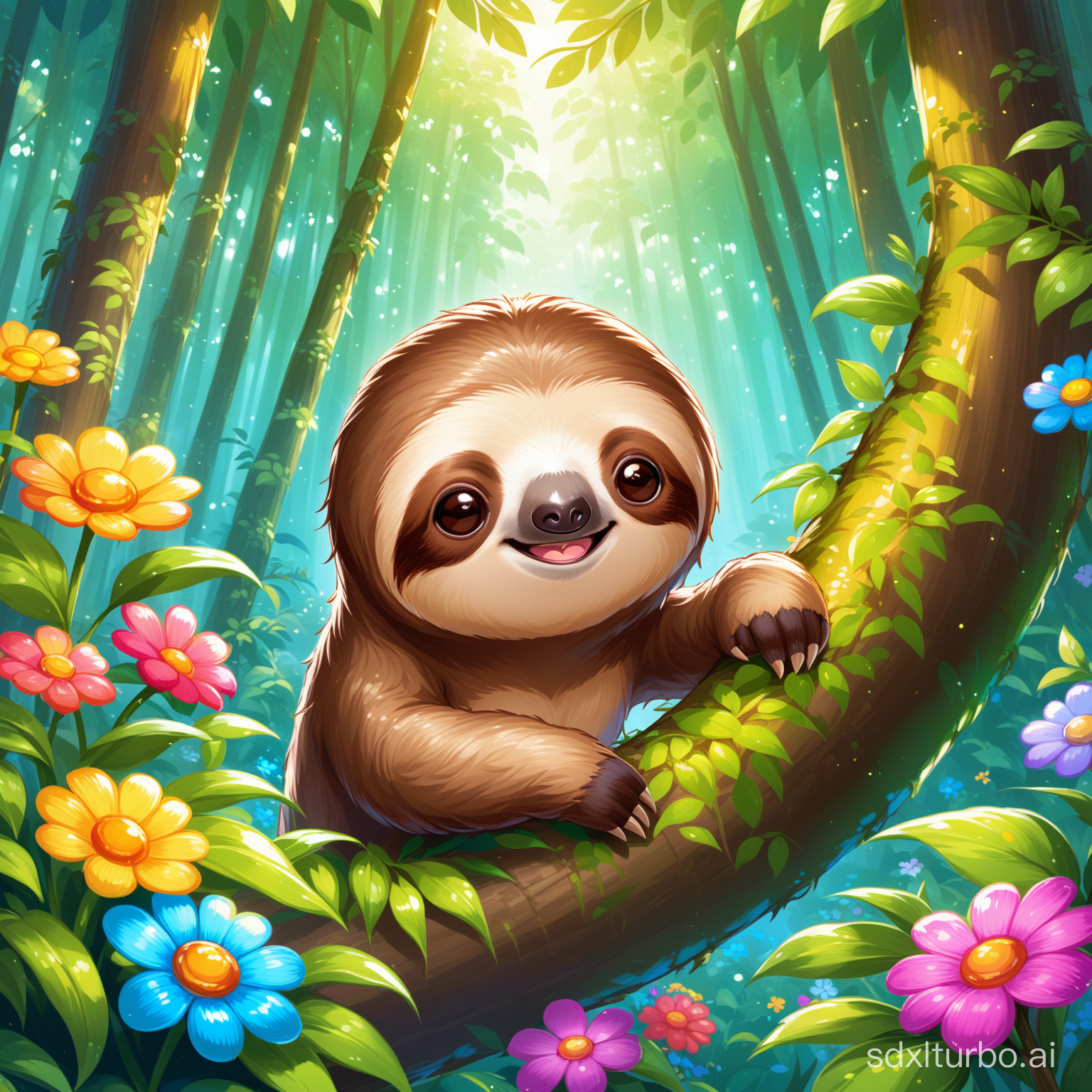a cartoon sloth portrait, flowers around, in forest, children painting, cg, fantasy, painting