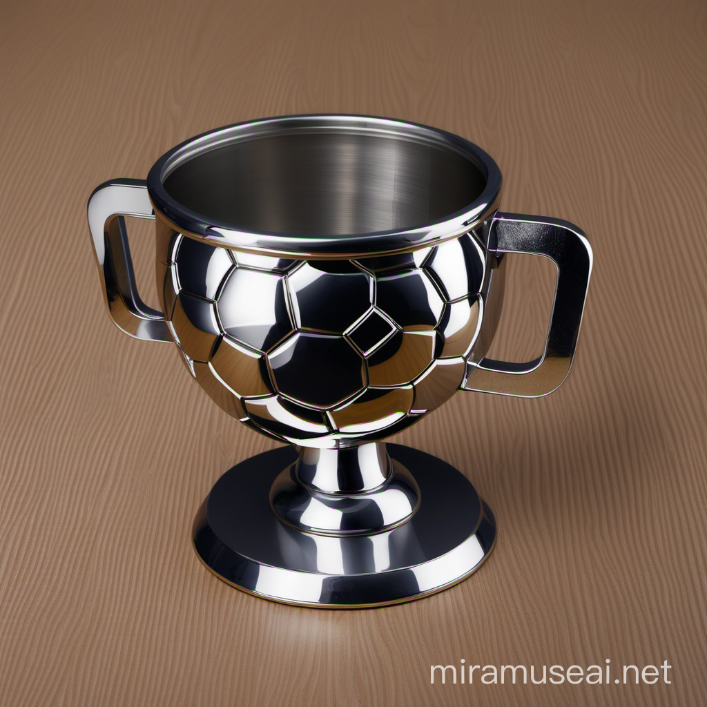 Shiny UEFA Football Cup Trophy on Reflective Metal Surface