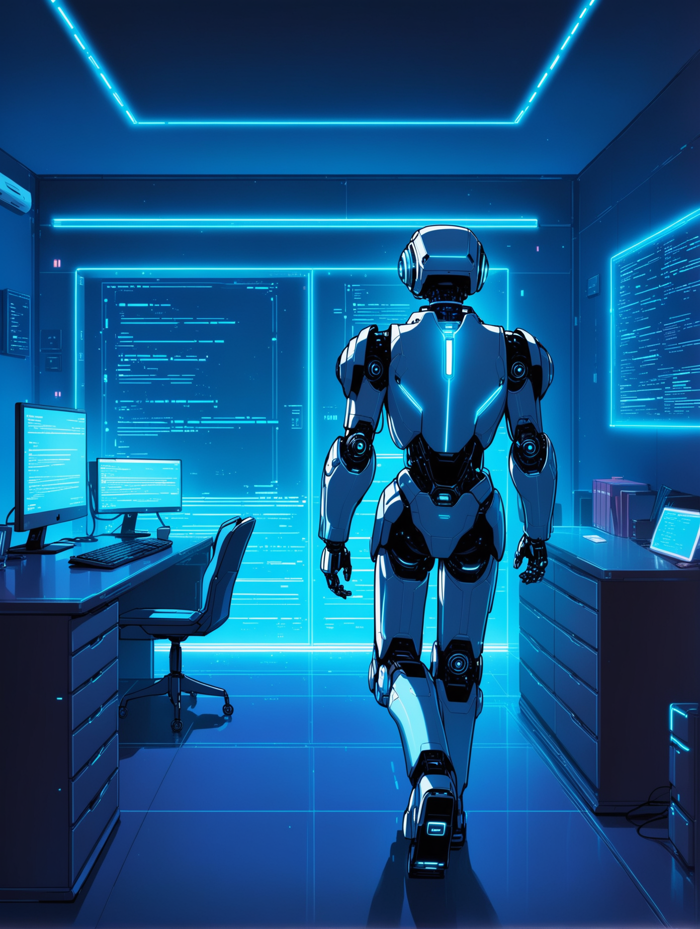 ai bot, walking to his desk to start coding 
He's in his bedroom sat at his desk
The bedroom has a high tech aesthetic with blue lights