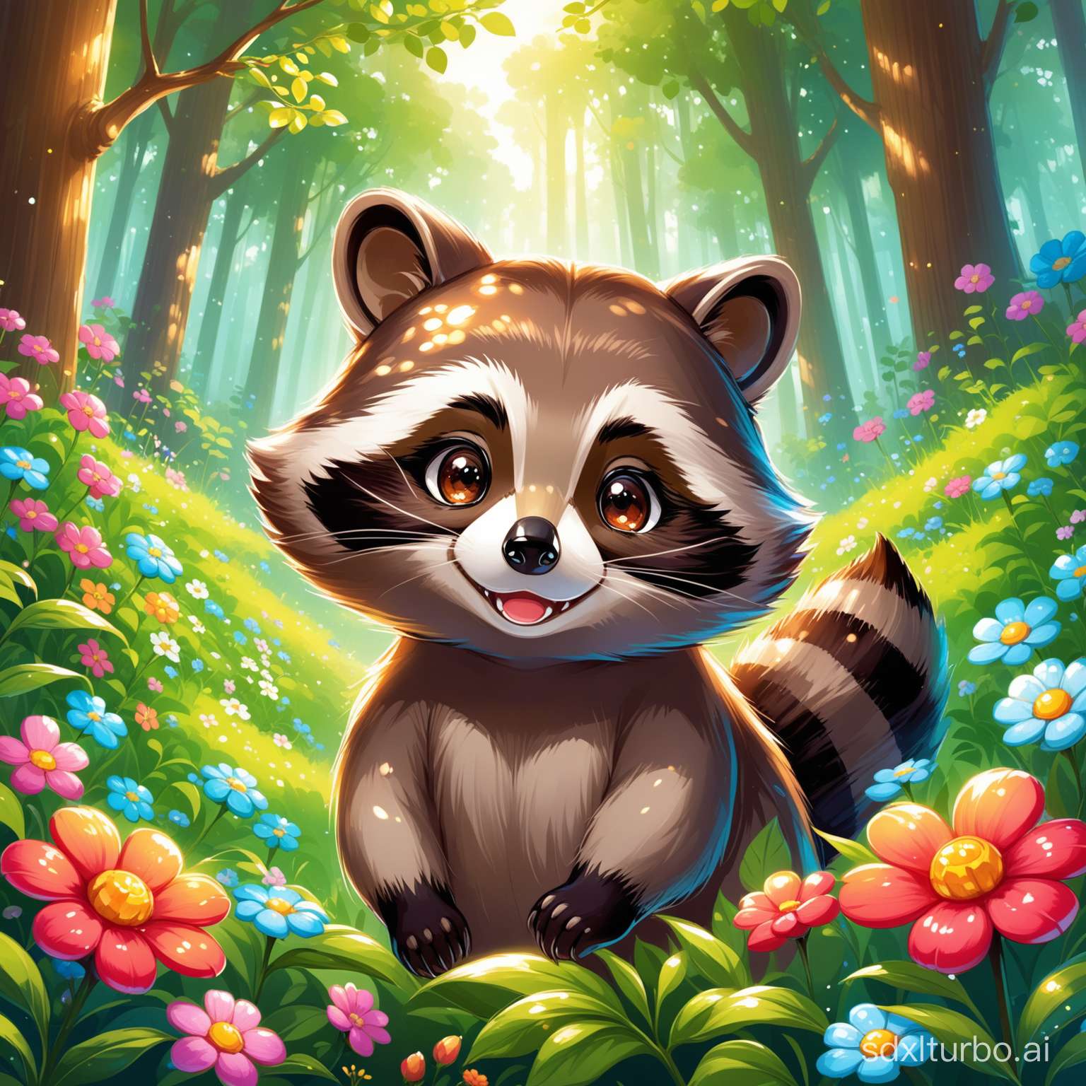 a cartoon raccoon portrait, flowers around, in forest, children painting, cg, fantasy, painting