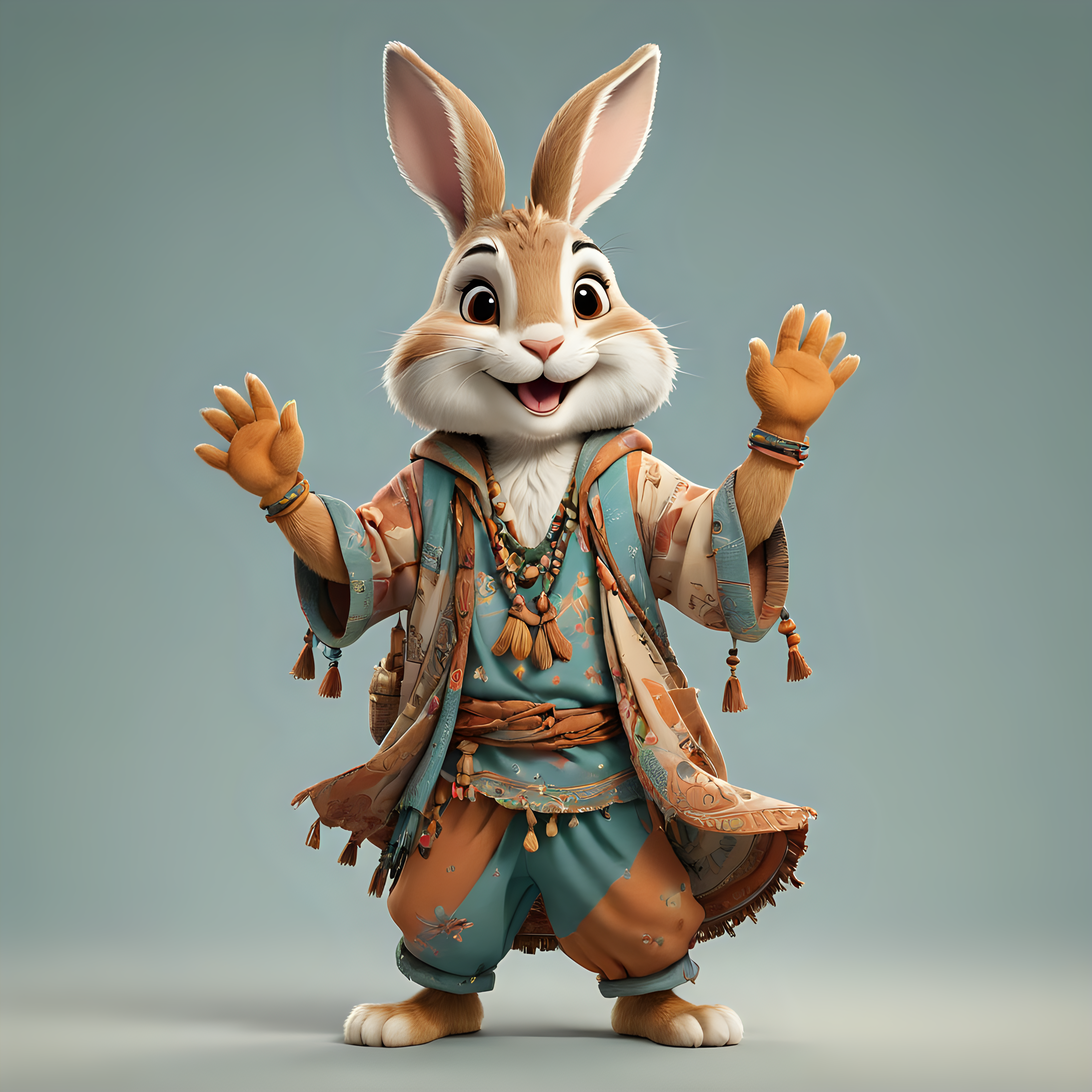 a happy rabbit in cartoon style in full body with Boho clothes with clear background