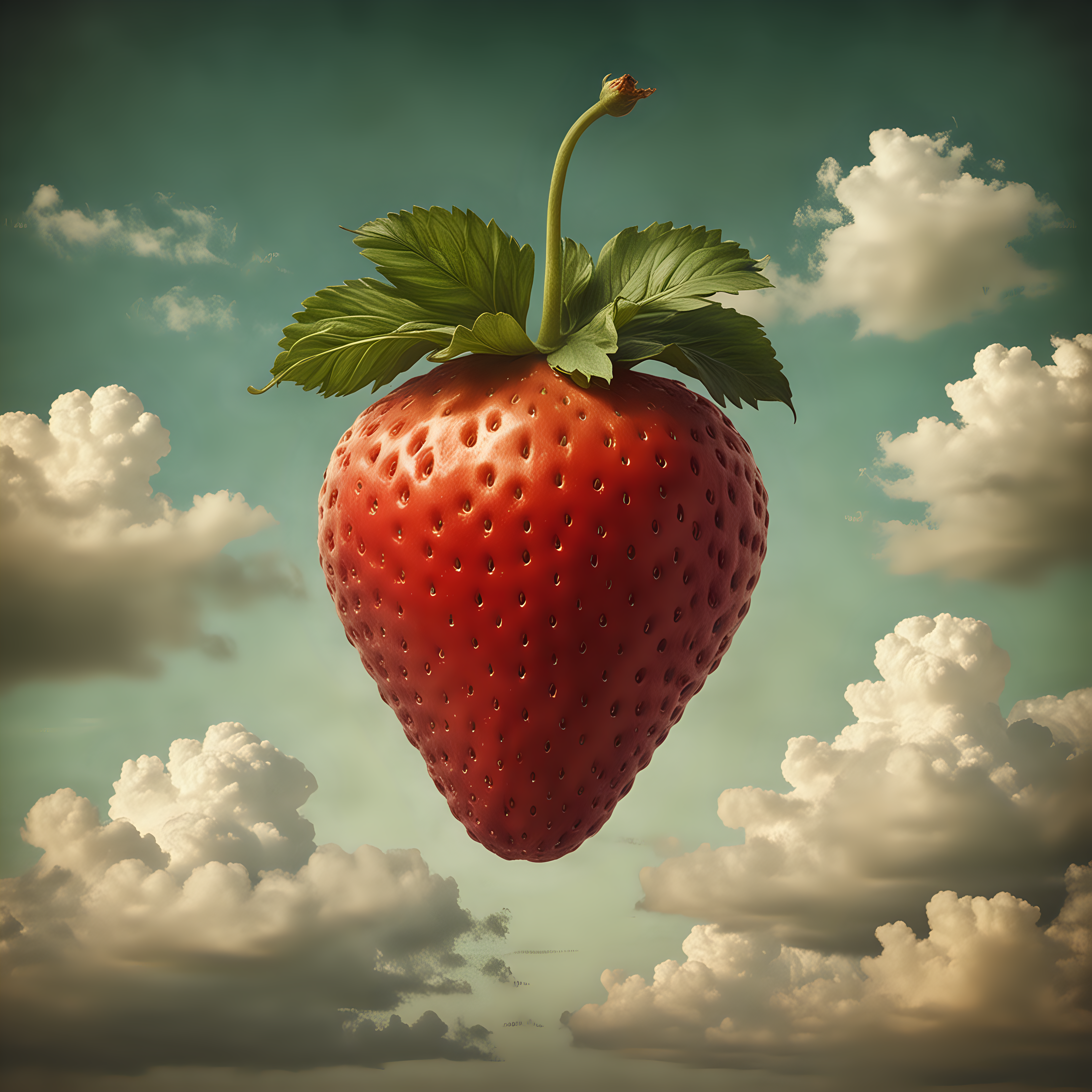 In the style of Christian Schloe, a giant floating strawberry floating in the sky 