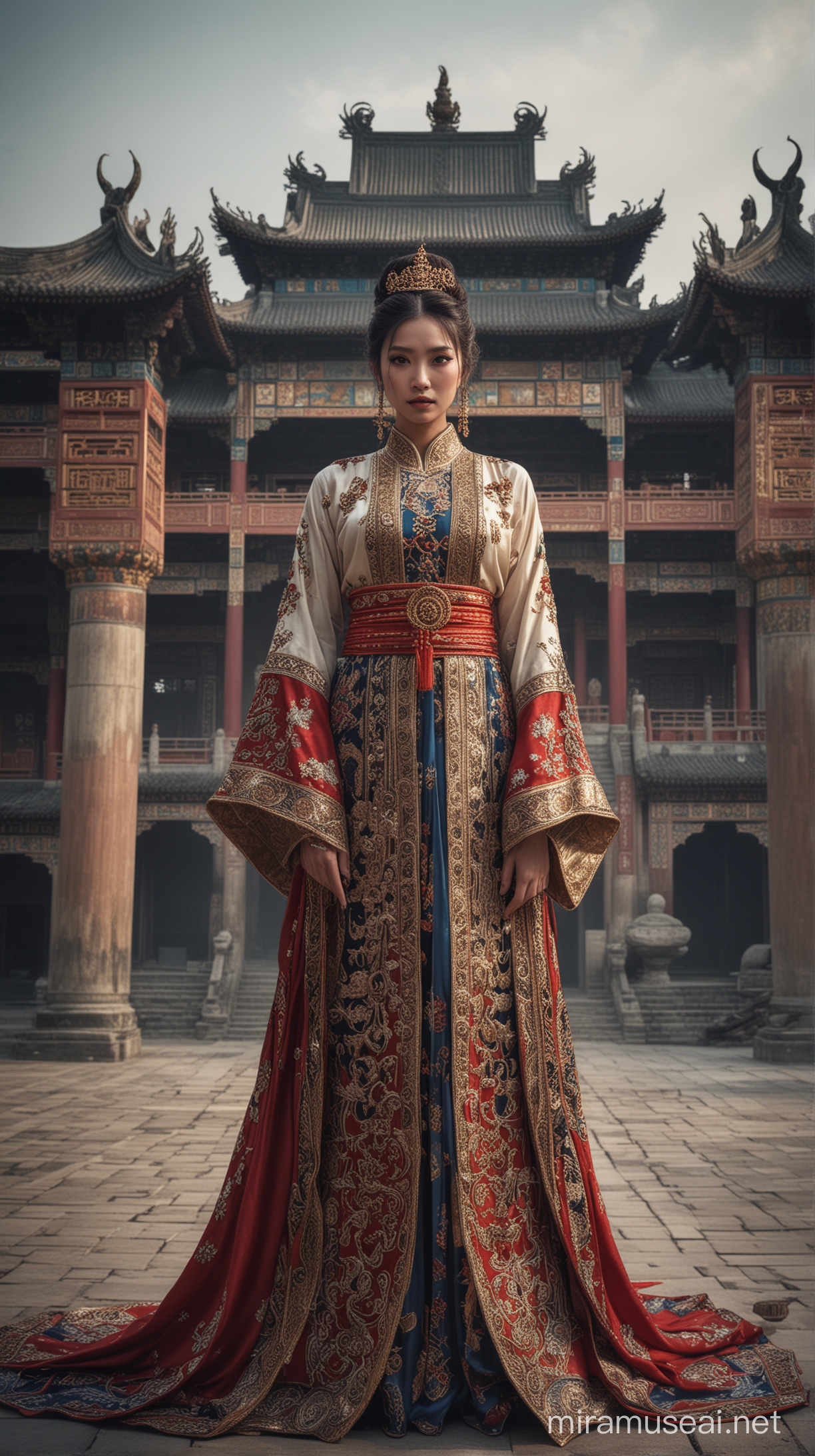 A (((beautiful woman))) dressed in traditional Jinn attire, standing confidently against a (((moody palace backdrop))), with intricate details and ornate structures in China