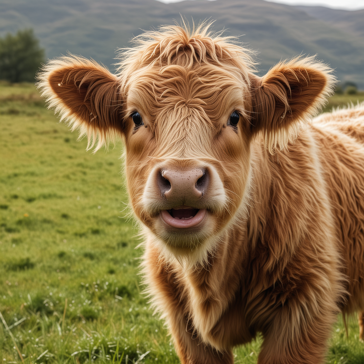 a high resolution closeup a cute image of a highland baby cow with thick fur and small horns laughing at you at a grass field. the calf is brown and his hair is long