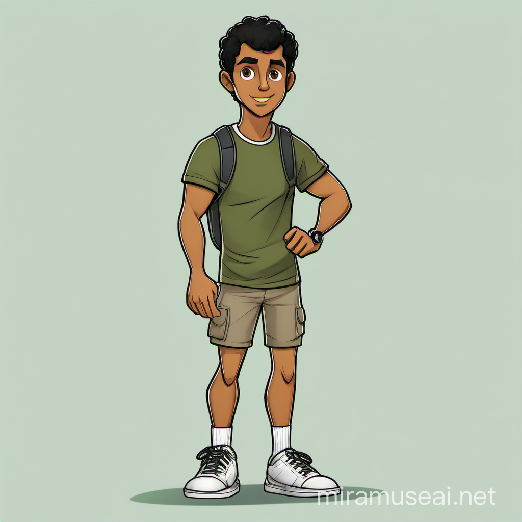 Character illustration, character standing legs hands Your Story Character’s Name & Short Description
Human man, mid 50s olive skin, black hair brown eyes. Wears Tshirt, shorts, white socks and tennis shoes.
I have a picture of him for you to base off.
Character's Gender Male
Character's Age 50
Character's Ethnicity Hispanic, Spanish, Portuguese
Character's Skin Color Olive tan
Character's Hair Color Black
Character's Hair Style Black men’s short hair,
Character's Eye Color Brown
Character's Clothing Tshirt black, grey cargo shorts, right above knees, white mid
shin socks with black tennis shoes