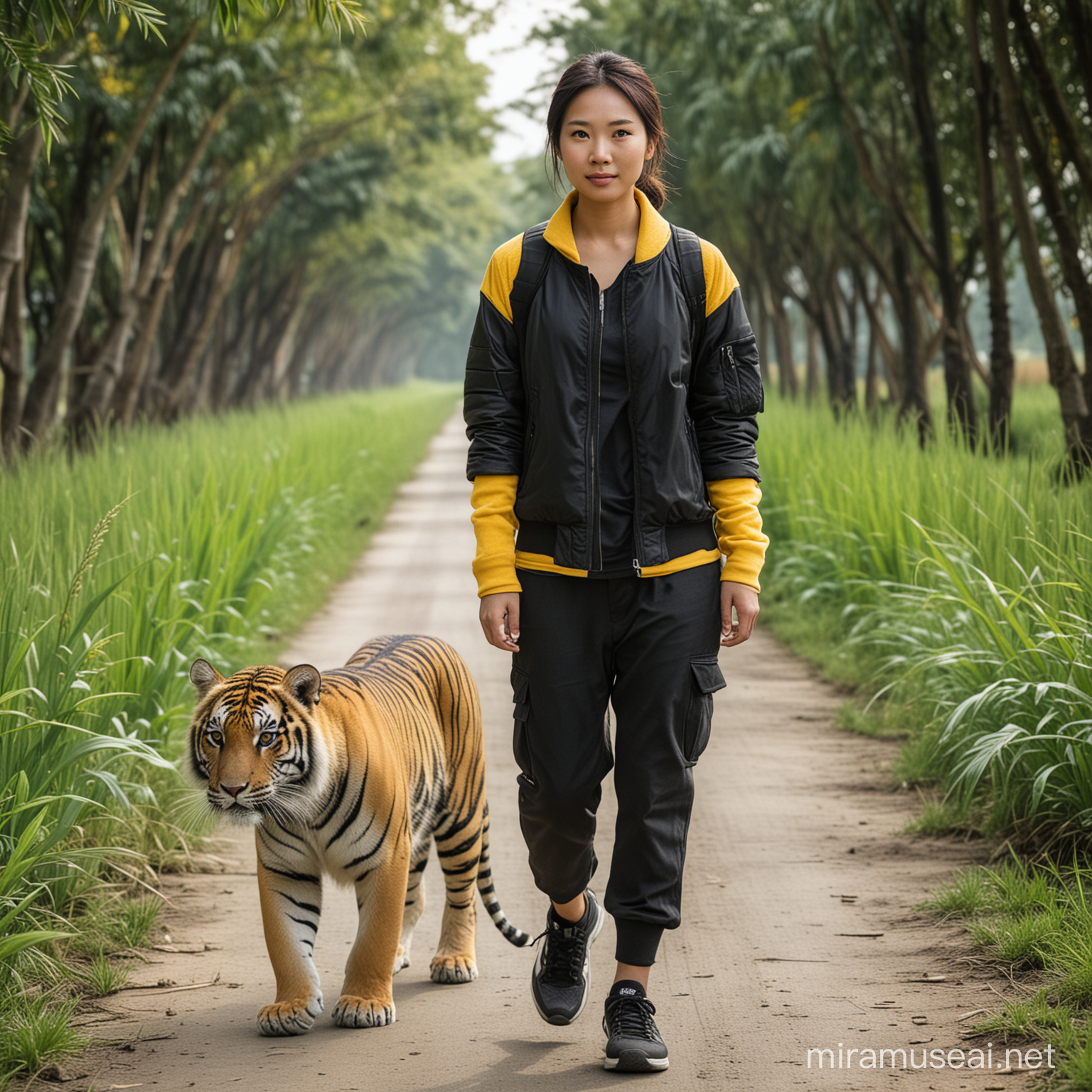 portrait of asian woman. The individual was wearing a black jacket with yellow sleeves, as well as black trousers and gray sneakers. He was walking with a fat tiger cub on a rice field road. , with clean fur and wide open eyes. The background consists of large trees and green plants.