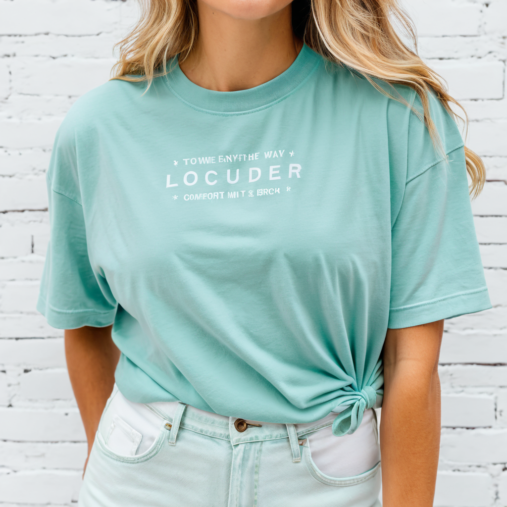 blonde wavy hair woman wearing comfort colors chalky mint t-shirt mockup, wearing jeans, simple brick background, good visible stiches
