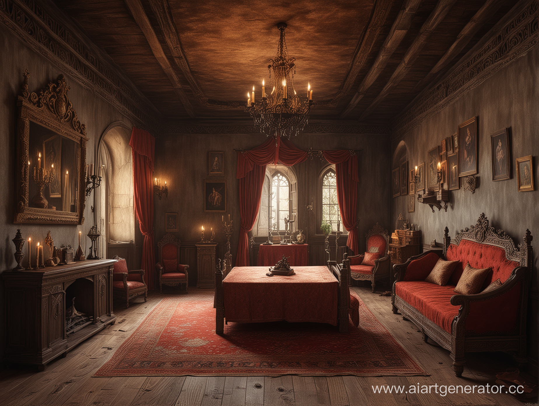 Нарисуй мне королевскую комнату из ада в стиле средневековья
