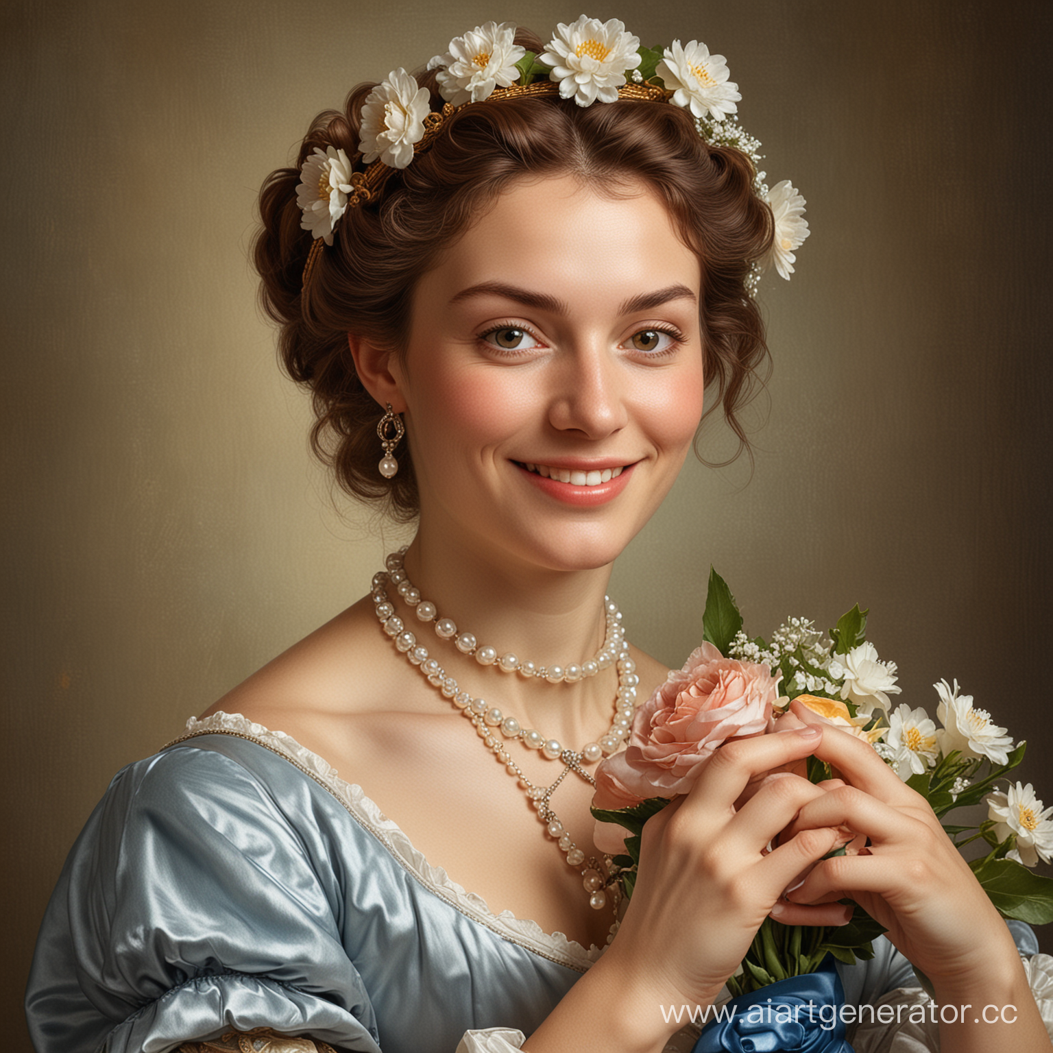 Portrait of a Michelangelo-style woman: a beautiful smiling woman of the 17th and 18th centuries with a bouquet of flowers in her hands and a pearl ornament around her neck.