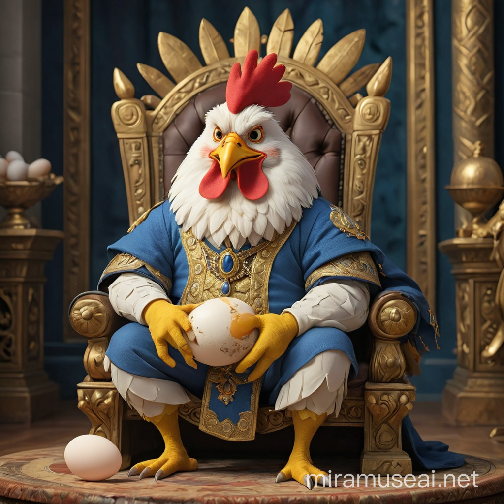 Galinha ventida com a roupa do cancaço nordestino brasileiro sentada em um trono real, segurando um ovo