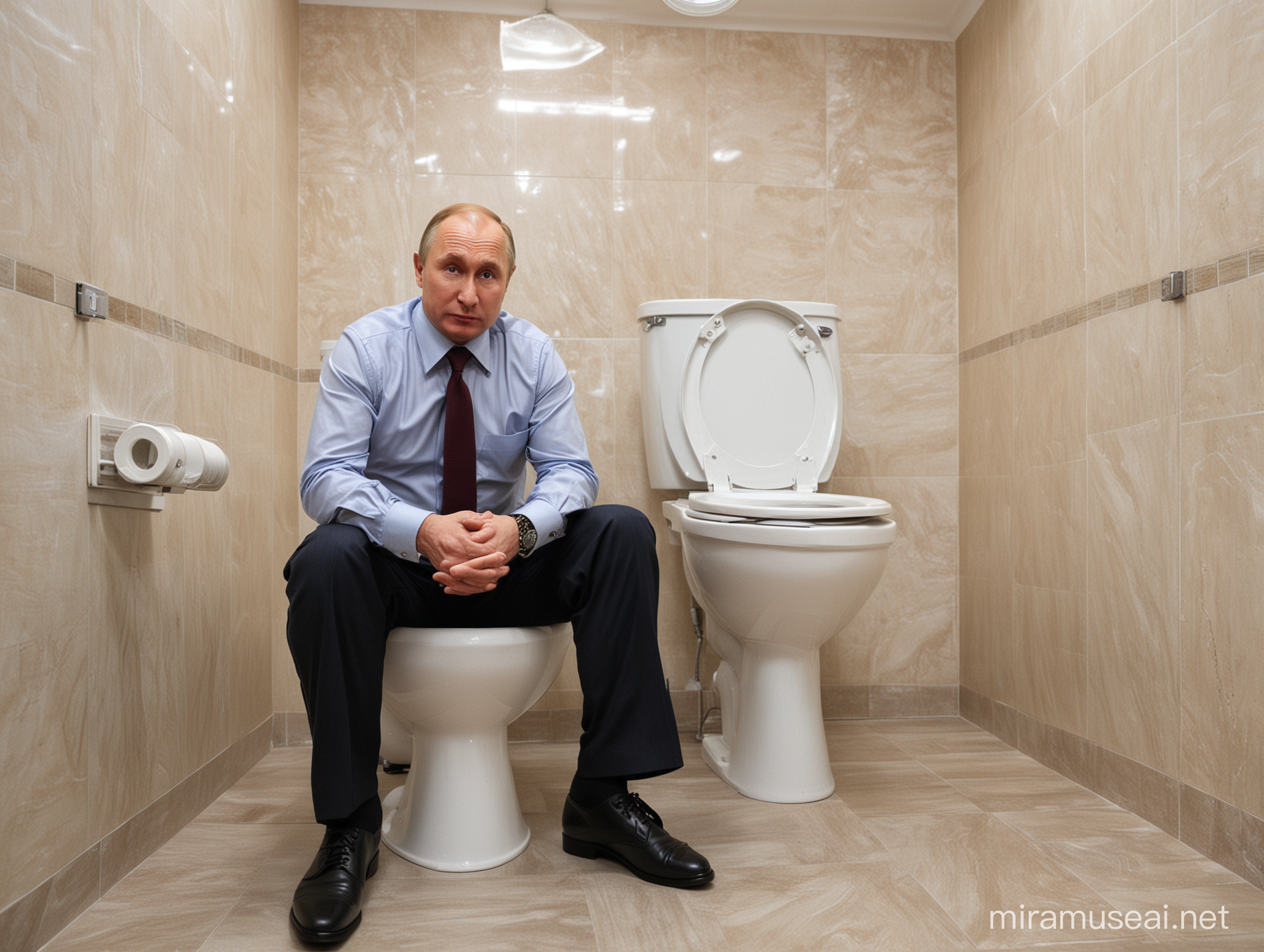 vladimir putin sits by the toilet and looks up at the ceiling in shock, catching a bomb with both hands.