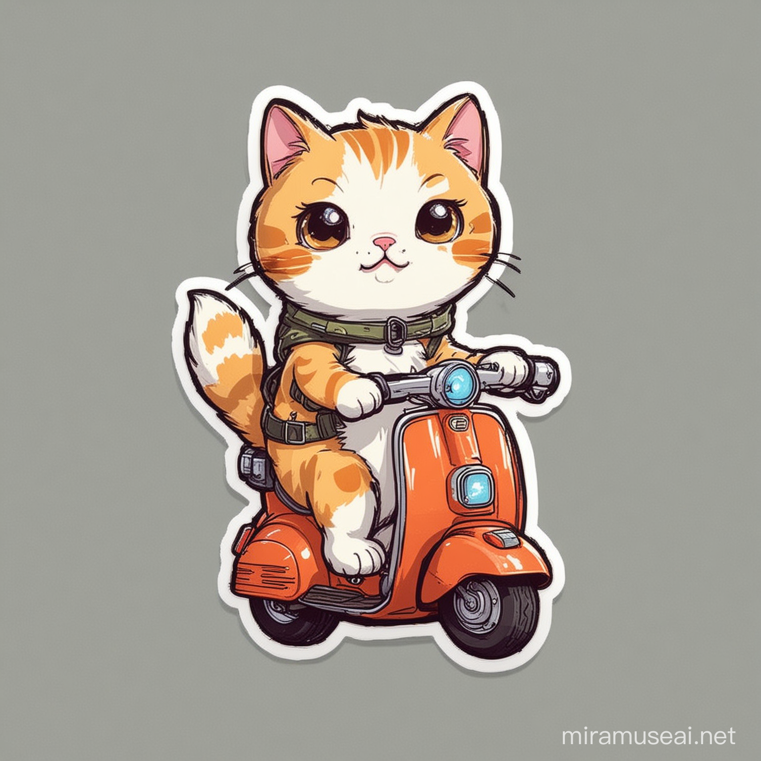 cartoon cute cat riding scooter, comic style, sticker, simple, minimalist, colorful