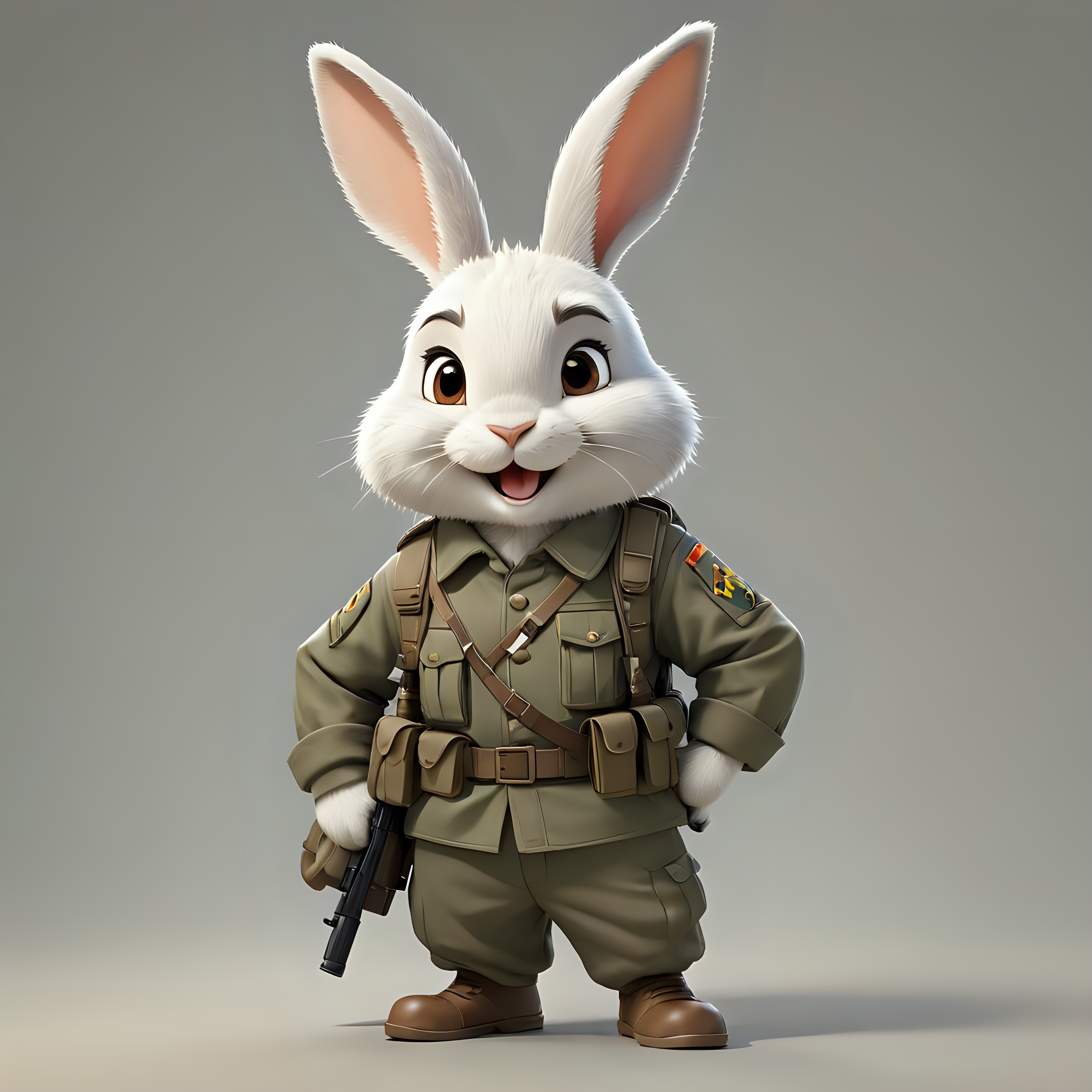 a happy rabbit in cartoon style in full body with Soldier clothes with clear background