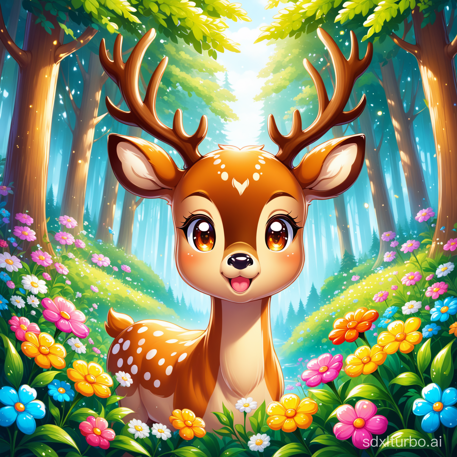 a cartoon deer portrait, looking at viewer, flowers around, in forest, children painting, cg, fantasy, painting