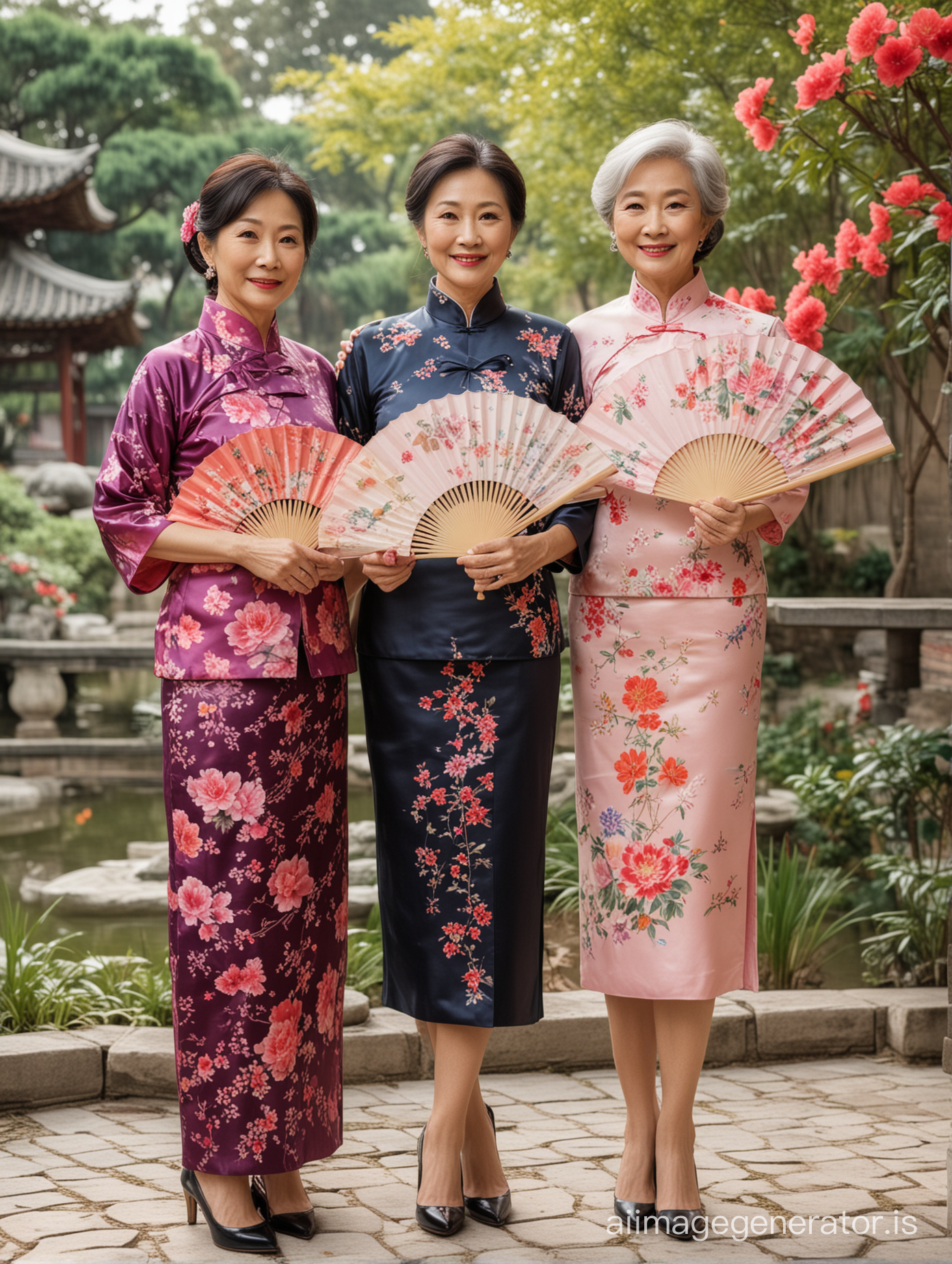 亚洲中老年女性，穿中国旗袍，手拿团扇放在胸前，高跟鞋。背景是中国园林。