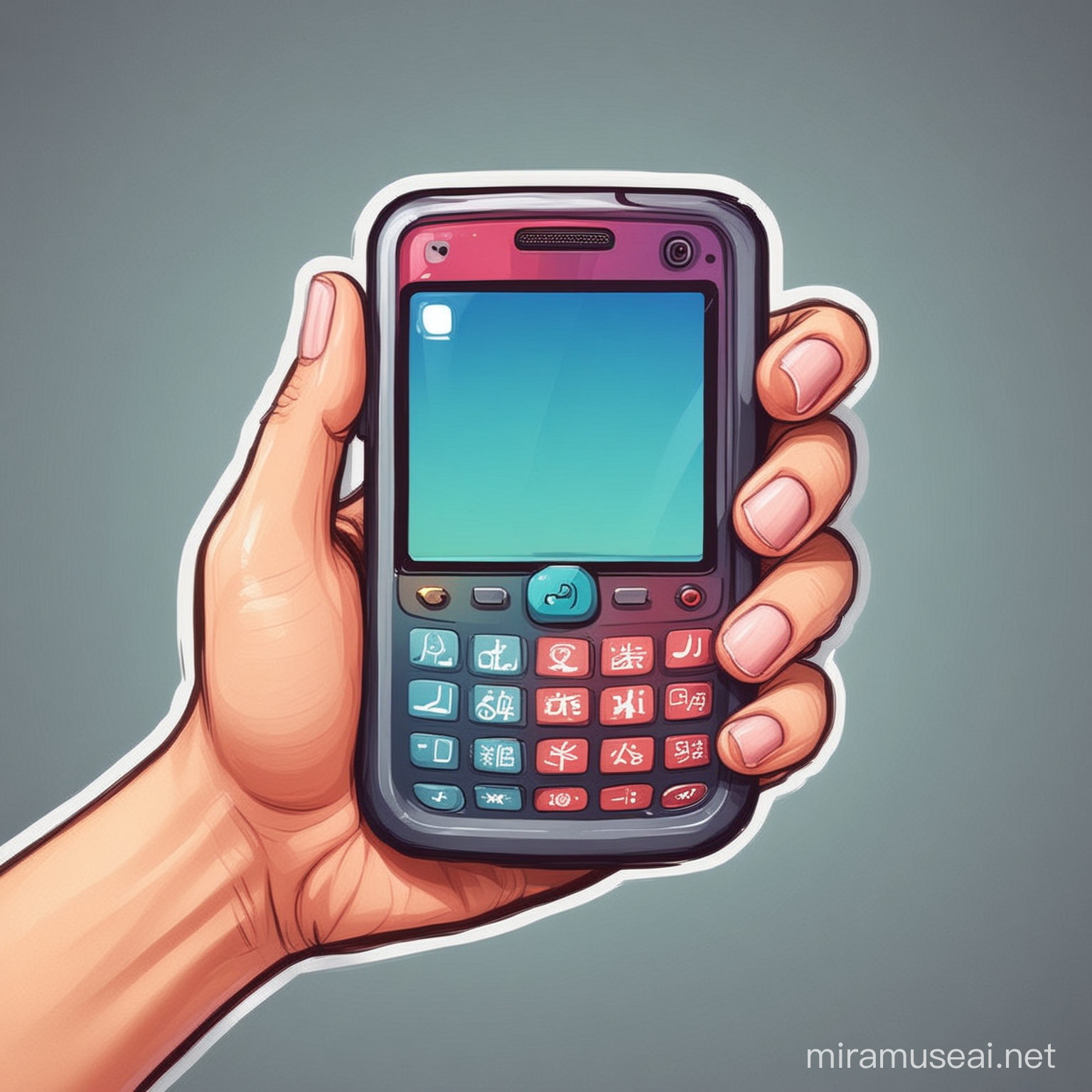 hand holding a handphone, cartoon sticker style, realistic style, vibrant colors