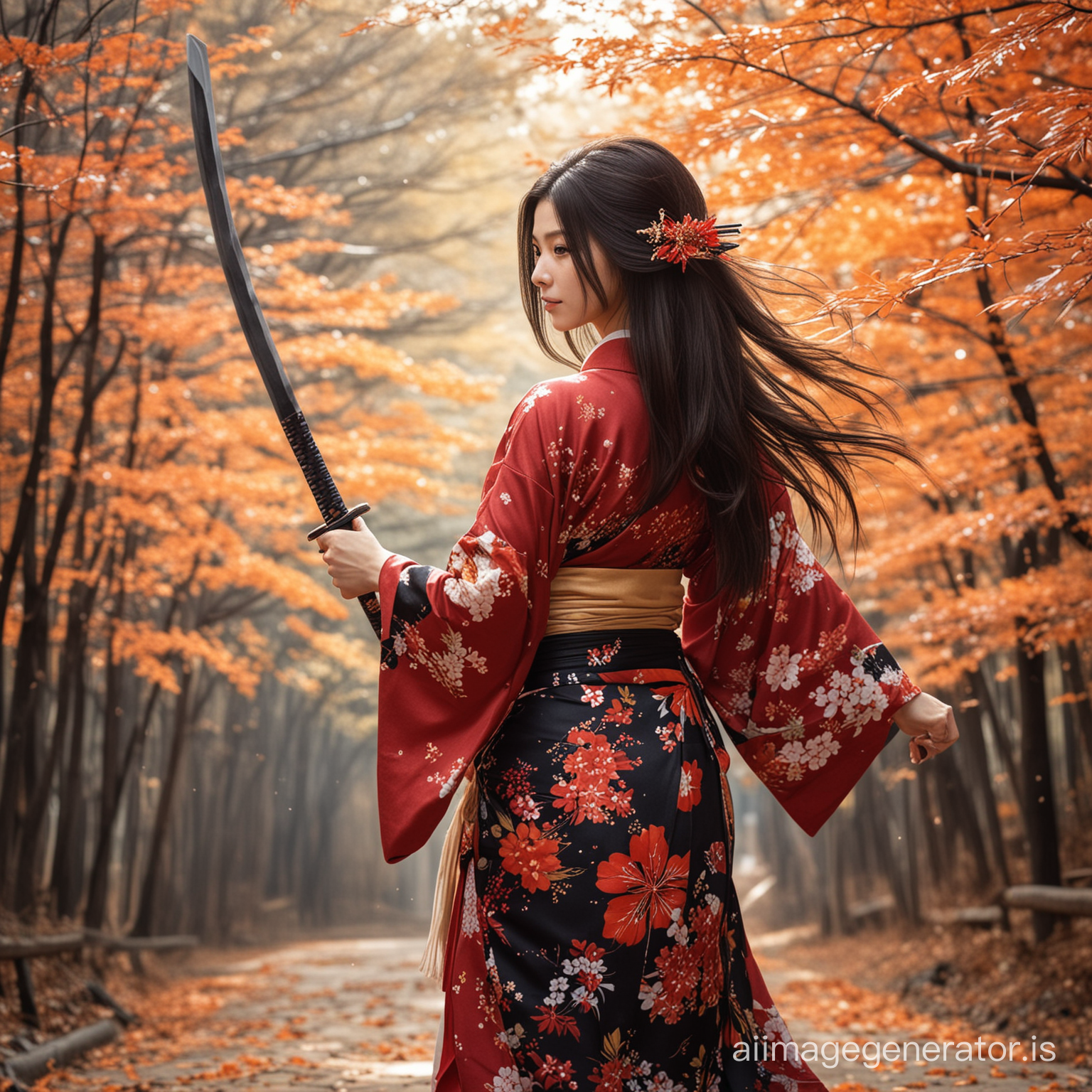 Long hair Kimono girl double katana autumn