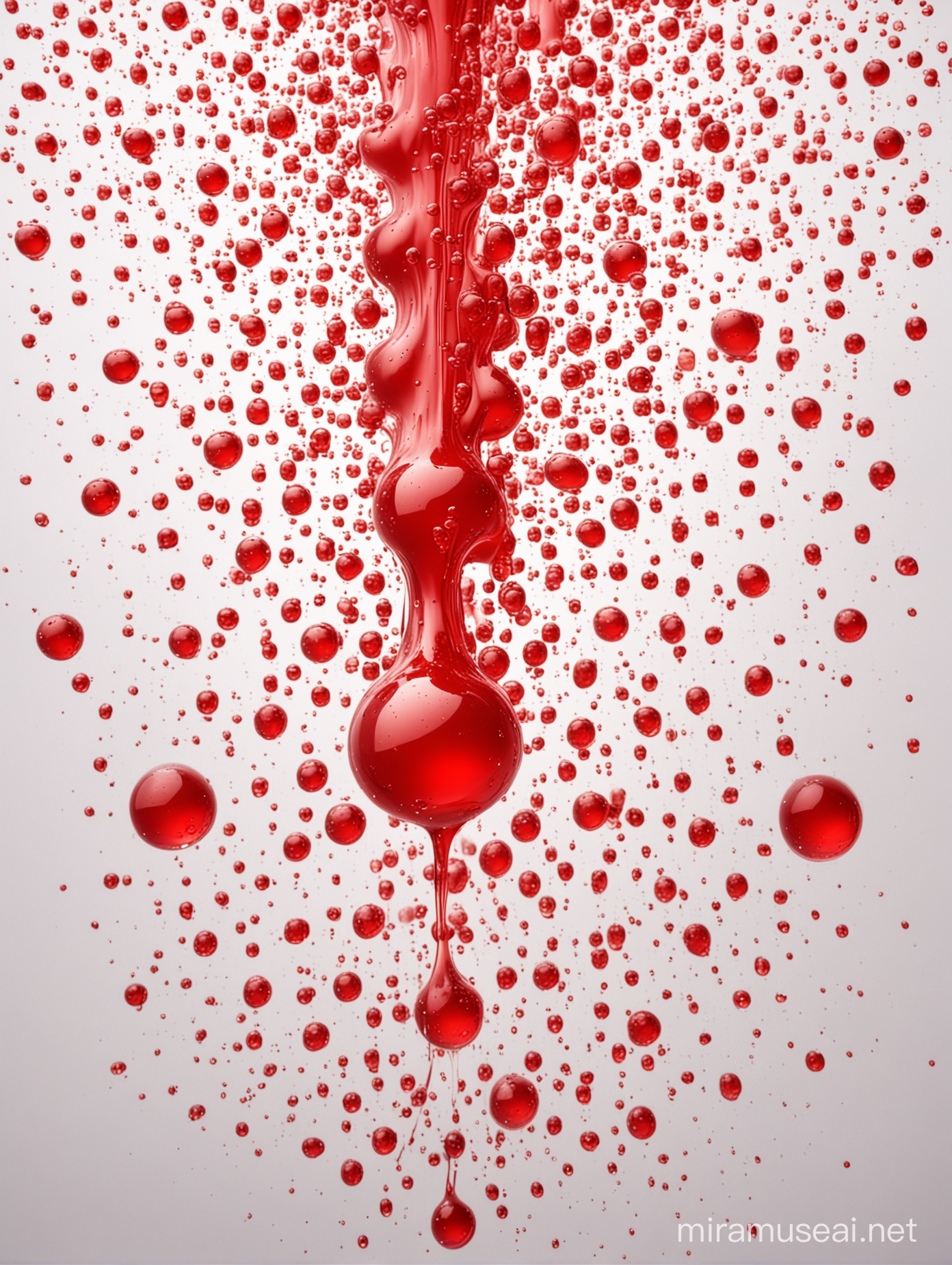 shiny red viscous liquid, Widely scattered showers, big and small dots on a white background