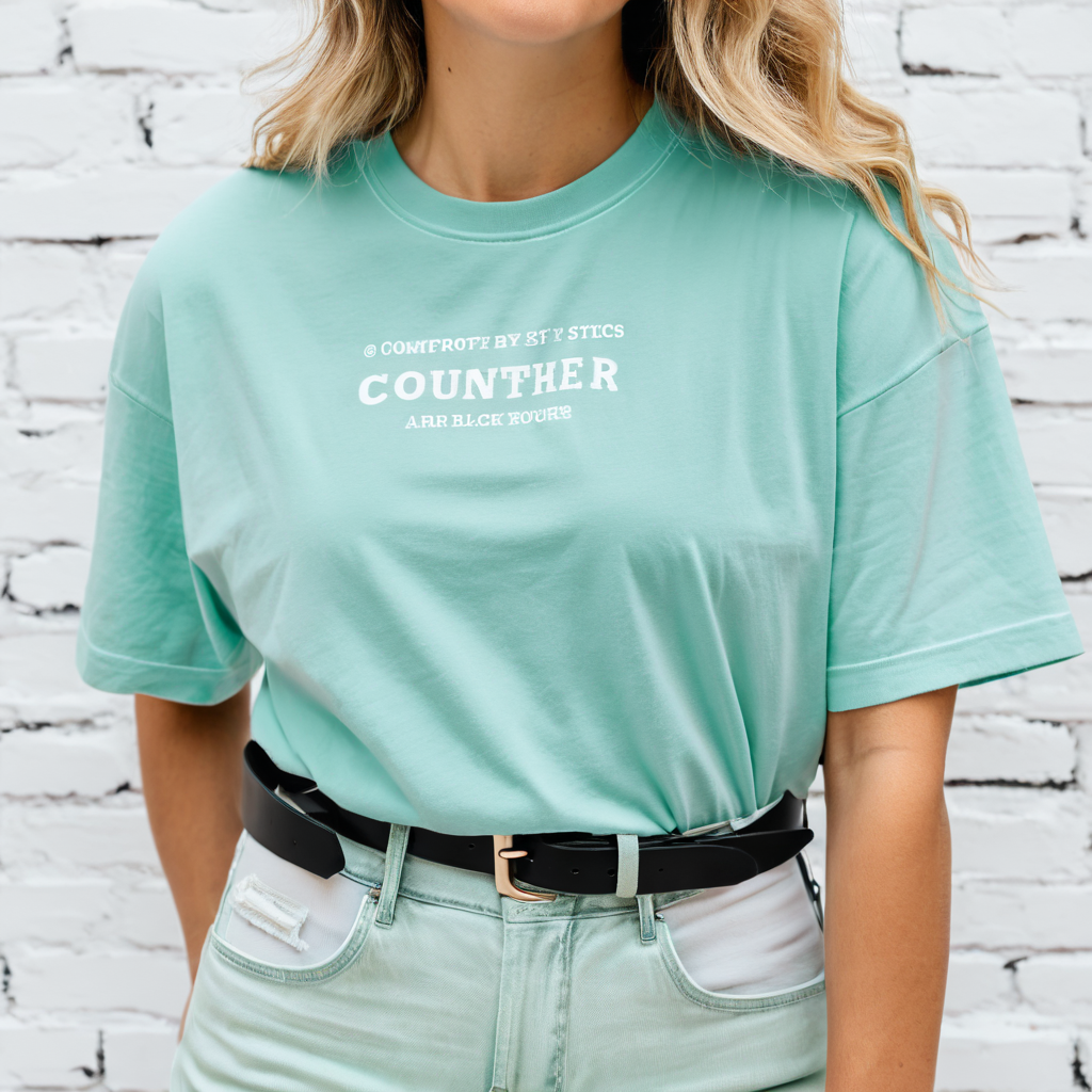 blonde wavy hair woman wearing comfort colors chalky mint t-shirt mockup, wearing jeans with black belt, simple brick background, good visible stiches