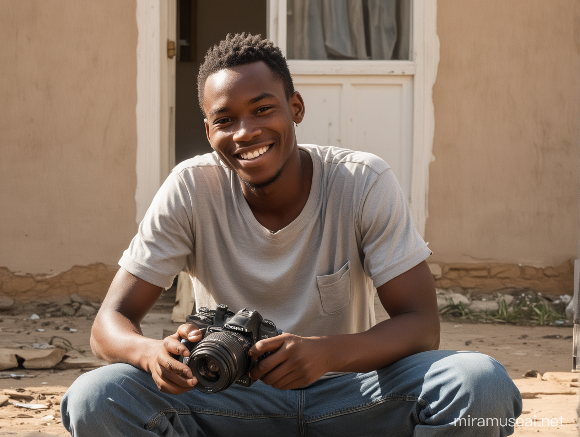 Un jeune africain, nettoyant son appareil phot Canon 250D, tout souriant, assis devant sa maison
