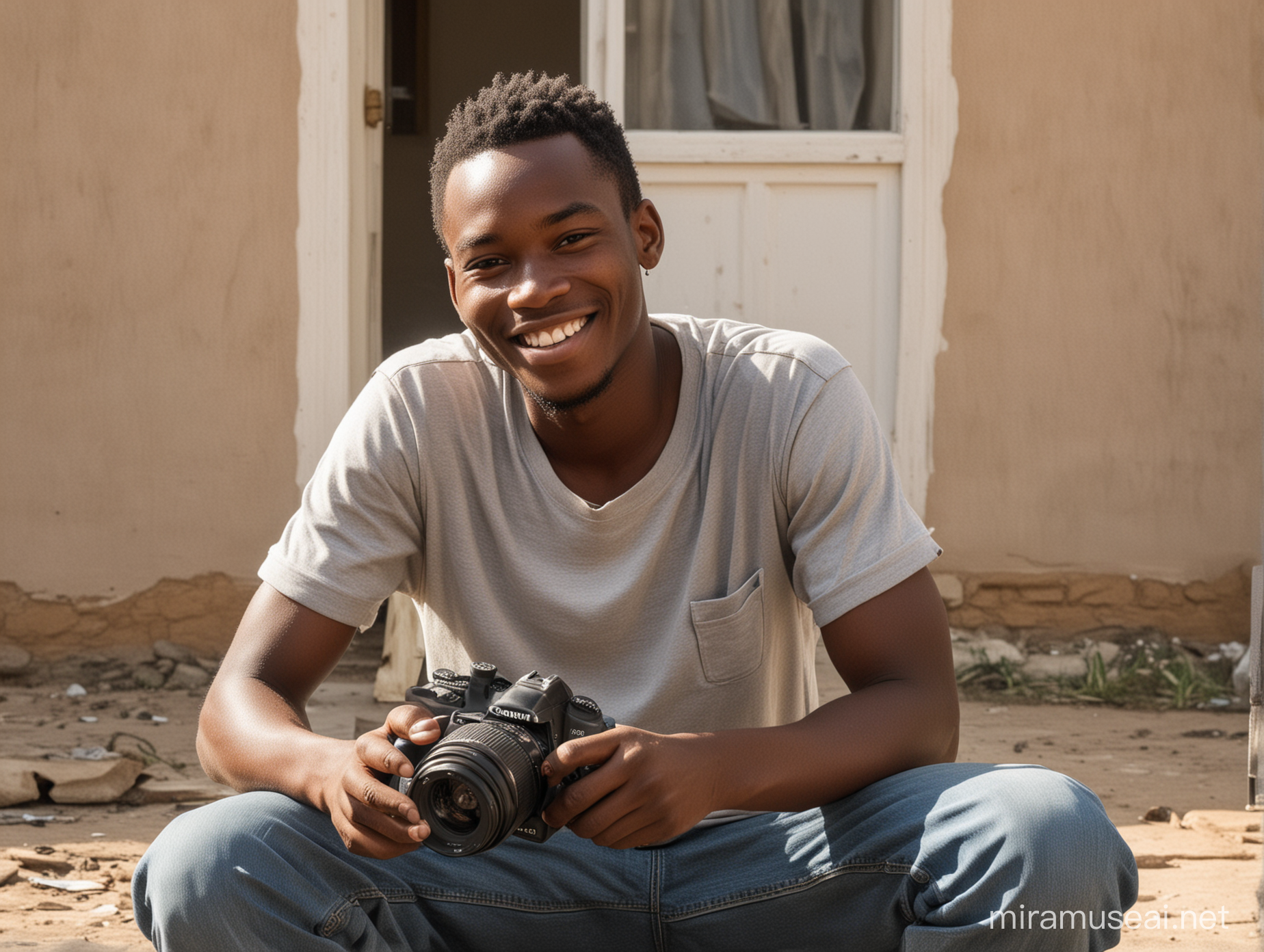 Smiling Young African Cleaning Canon 250D Camera Outside His Home