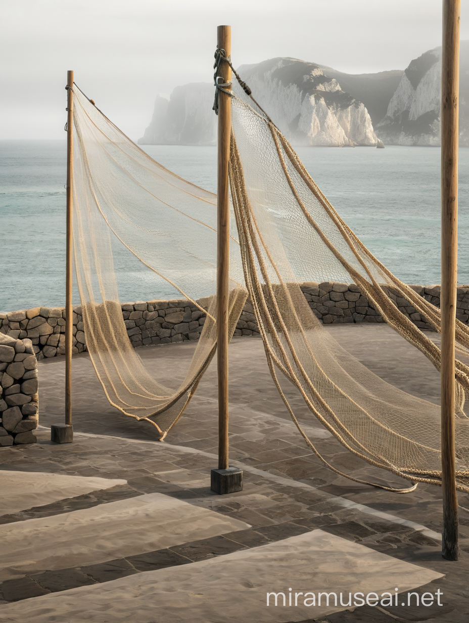 Windswept Nets on Coastal Poles Amid Tranquil Seascape