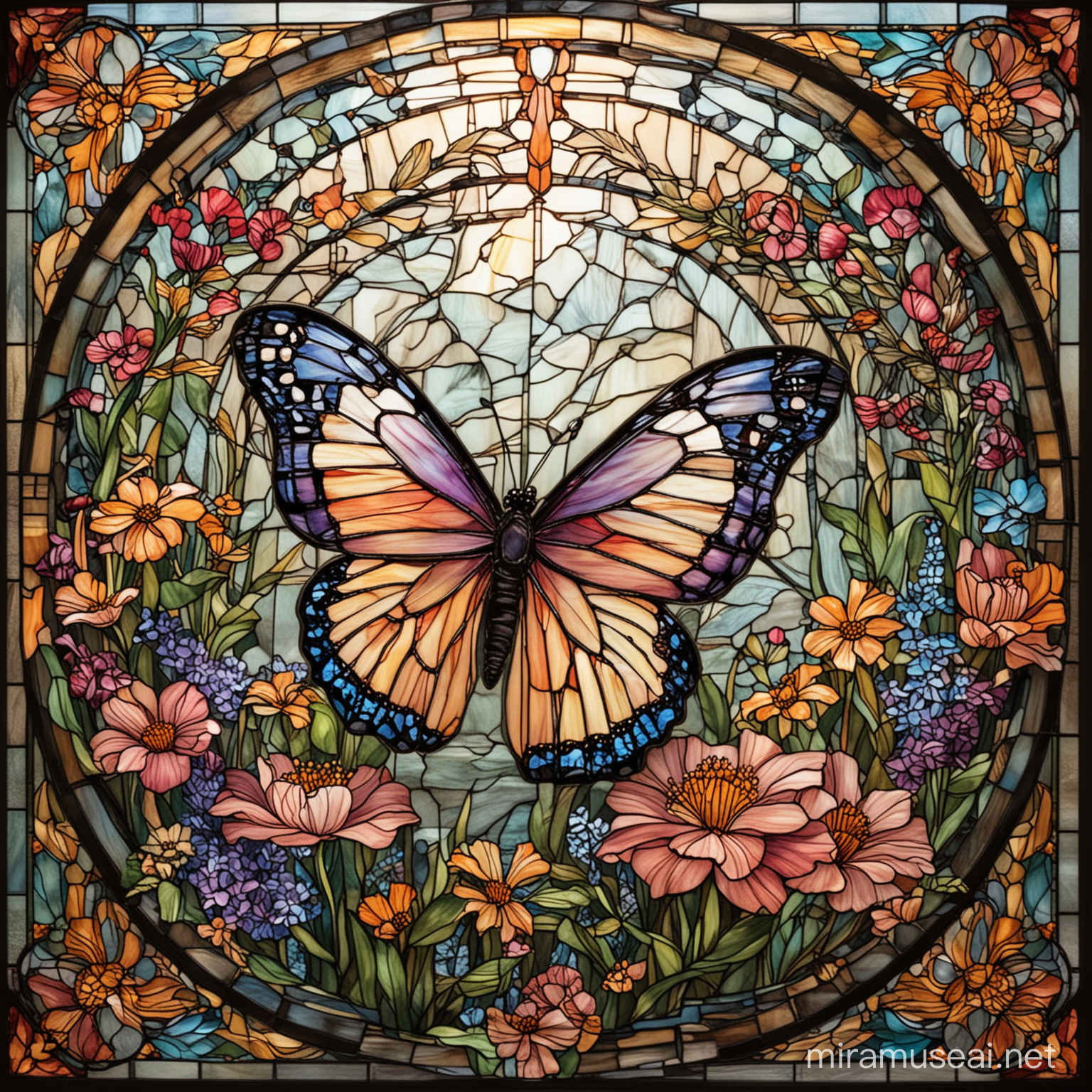 Craft a captivating stained glass-style illustration featuring a graceful butterfly surrounded by an array of vibrant flowers. The butterfly should be depicted with intricate patterns on its wings, radiating elegance and beauty. Surround the butterfly with an assortment of flowers in different shapes and colors, each petal outlined in bold, black lines reminiscent of stained glass. Let the sunlight filter through the translucent colors, casting a warm and enchanting glow on the scene. Capture the essence of nature's beauty and the timeless artistry of stained glass in this mesmerizing illustration