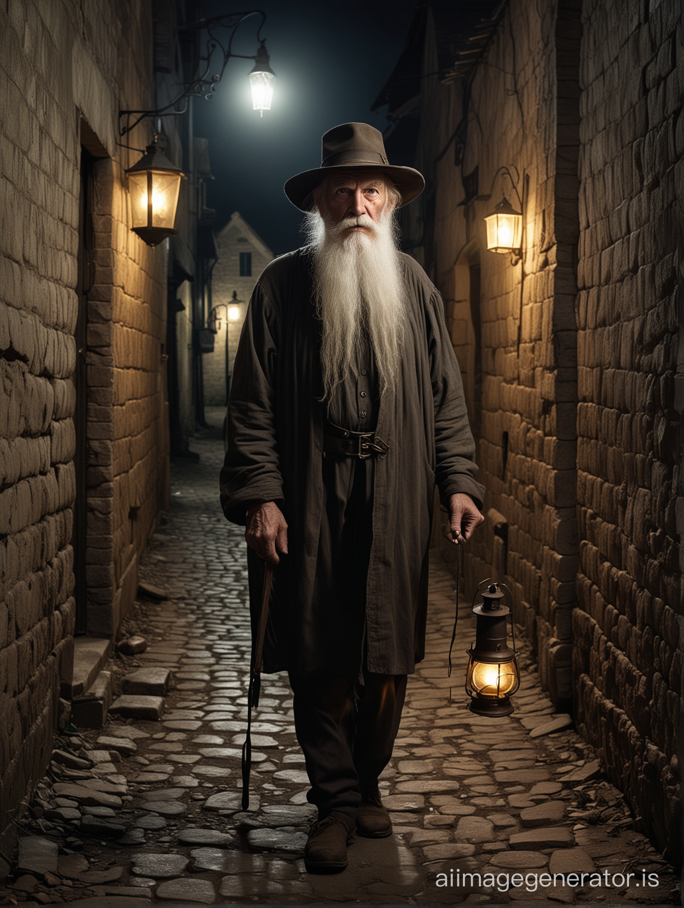 un vieil homme, grand, avec une très longue barbe blanche, portant un chapeau, l'air méchant, tenant une vieille lanternee allumée en 1850, il marche dans une ruelle sombre d'un village médiéval, la photo est en couleurs

