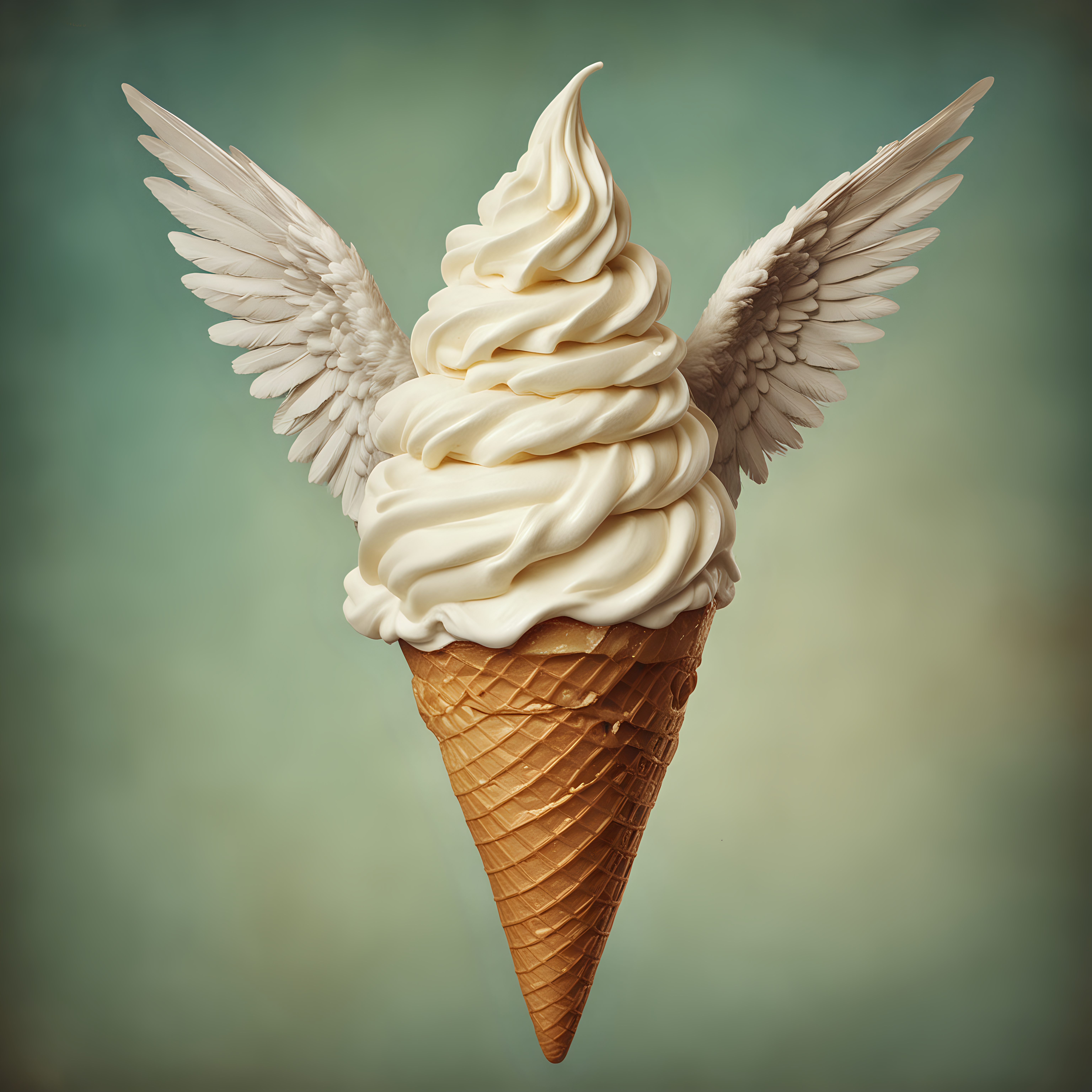 In the style of Christian Schloe, a giant floating soft serve ice cream with wings