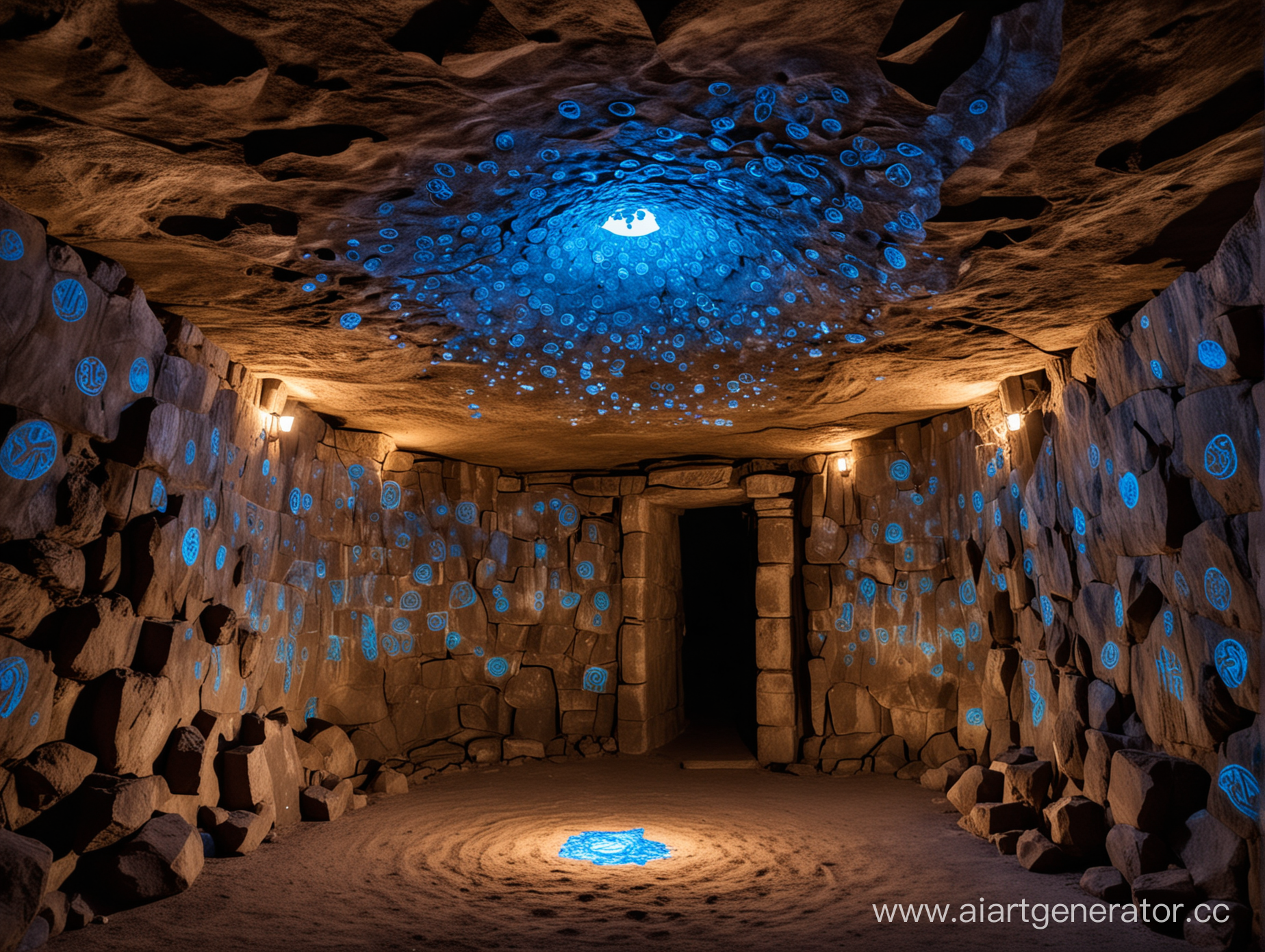 Ровный потолок каменной пещеры, в пещере темно, но на её стенах светится голубым светом орнамент из множества кружочков с магическими рунами внтури